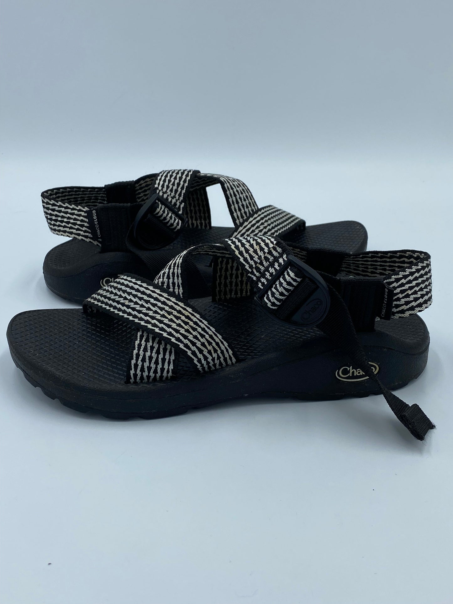 Black White Sandals Designer Chacos, Size 8