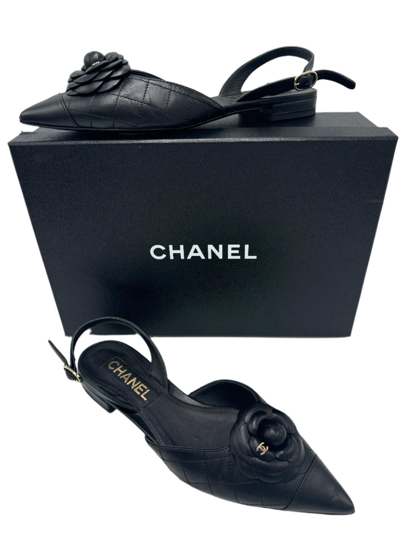 Chanel CC Camelia Slingback Leather Designer Luxury Shoes In Size: 8