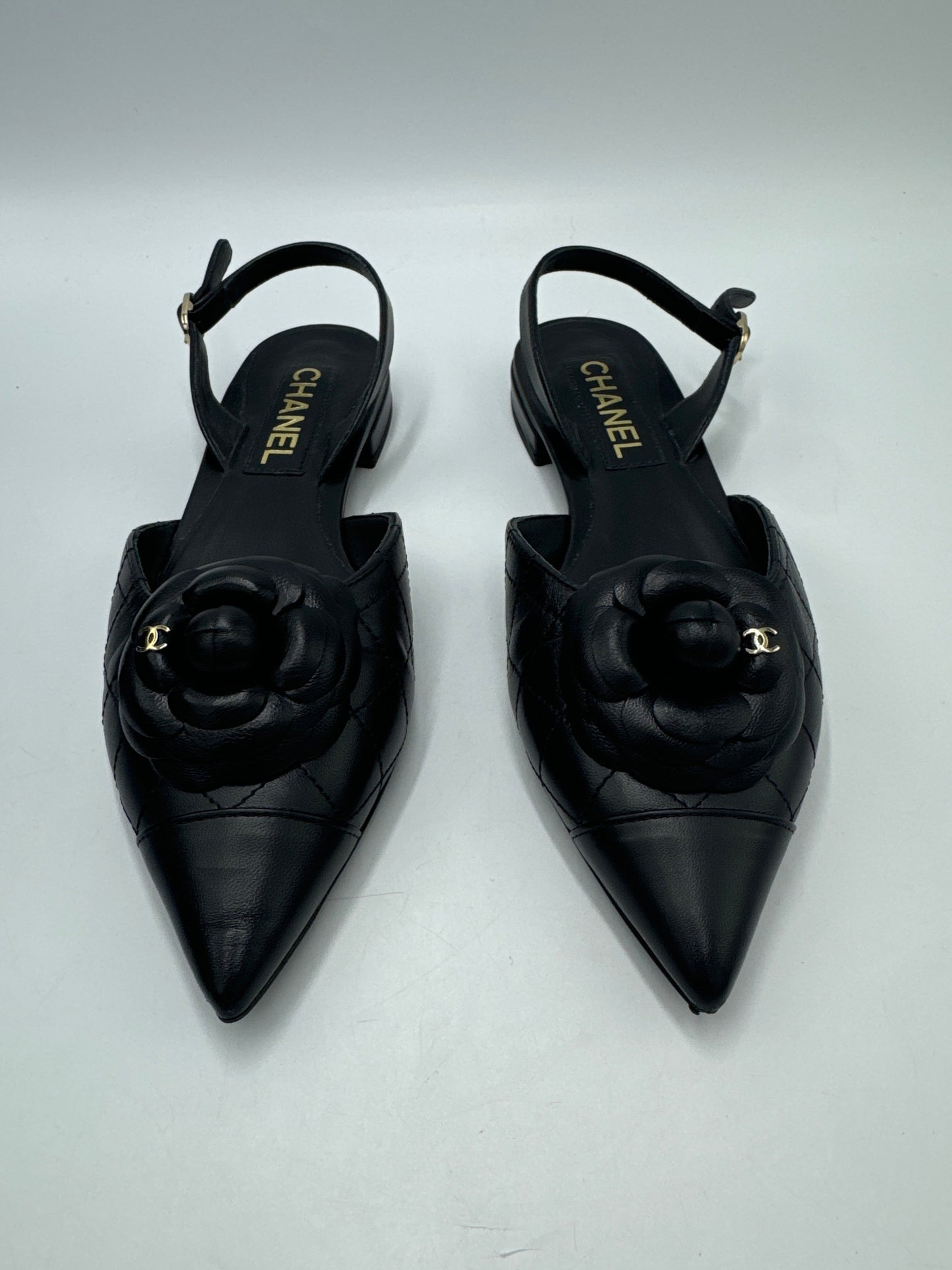 Chanel CC Camelia Slingback Leather Designer Luxury Shoes In Size: 8