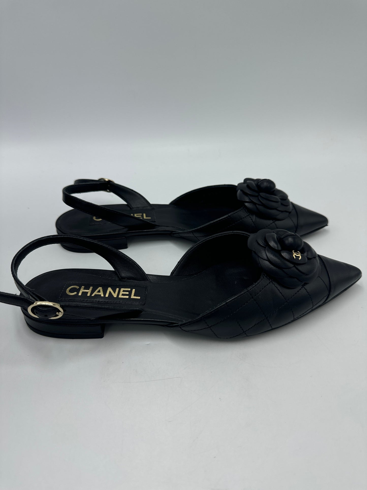 Chanel CC Camelia Slingback Leather Designer Luxury Shoes In Size: 8