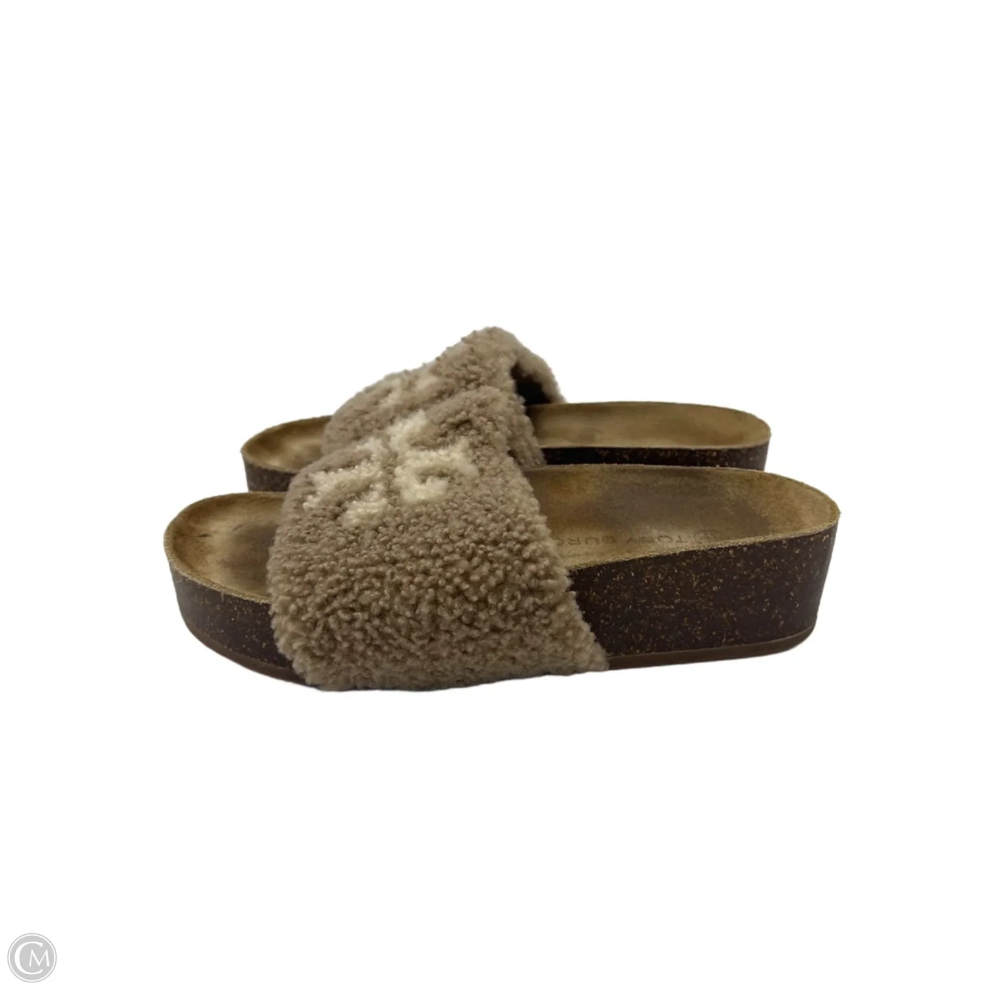 Tory Burch Double T Shearling Designer Sandal In Brown, Size: 8