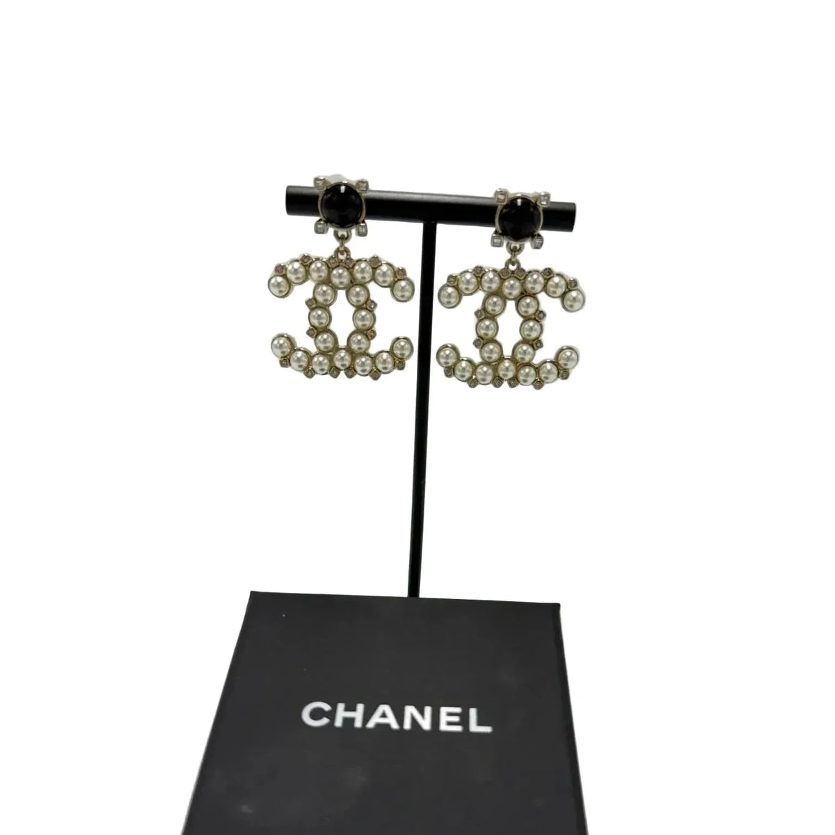 Chanel Black and Crystal Pearl CC Logo Luxury Earrings in White