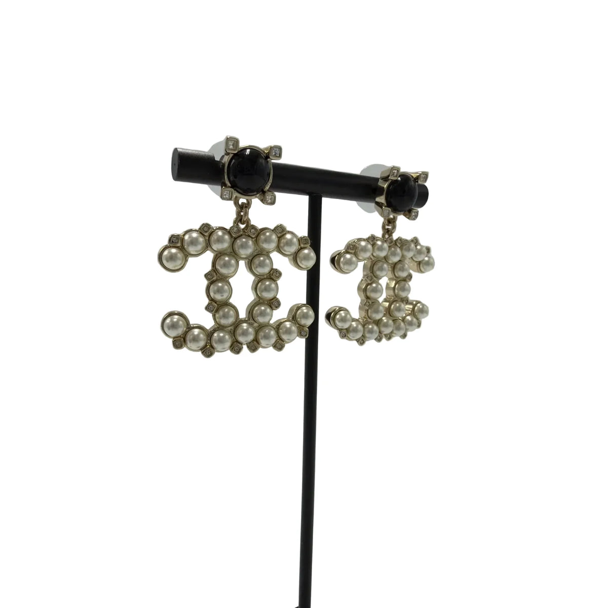 Chanel Black and Crystal Pearl CC Logo Luxury Earrings in White