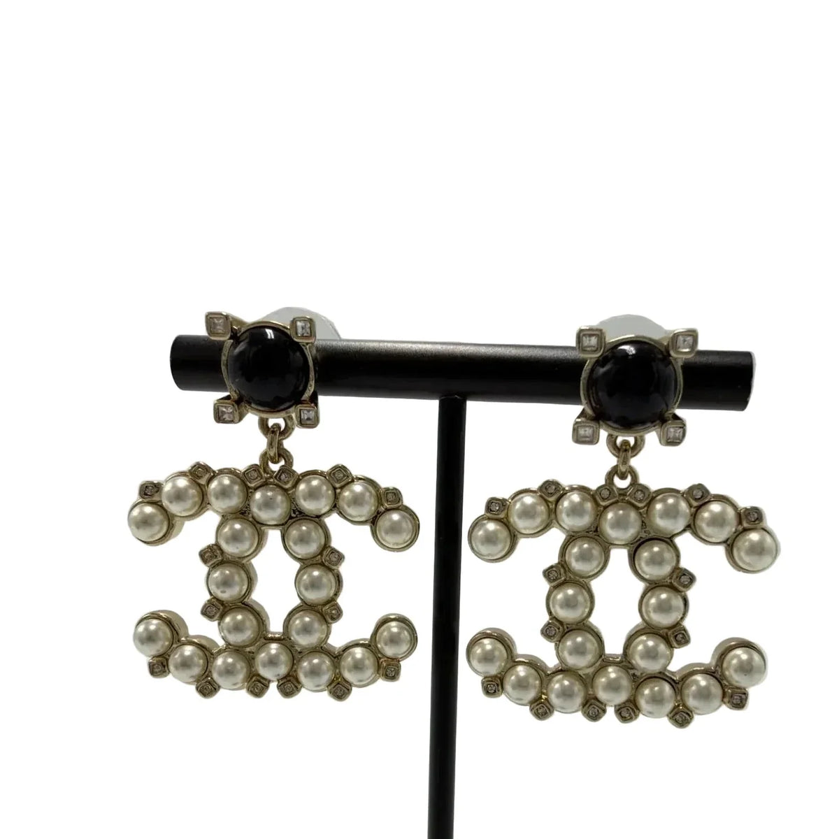 Chanel Black and Crystal Pearl CC Logo Luxury Earrings in White