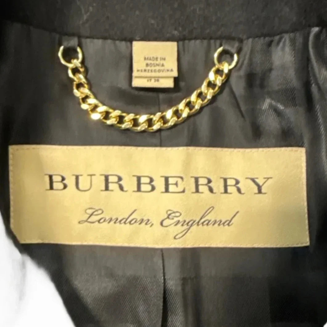 Burberry Brit Double Breasted Luxury Coat In Black, Size: 2