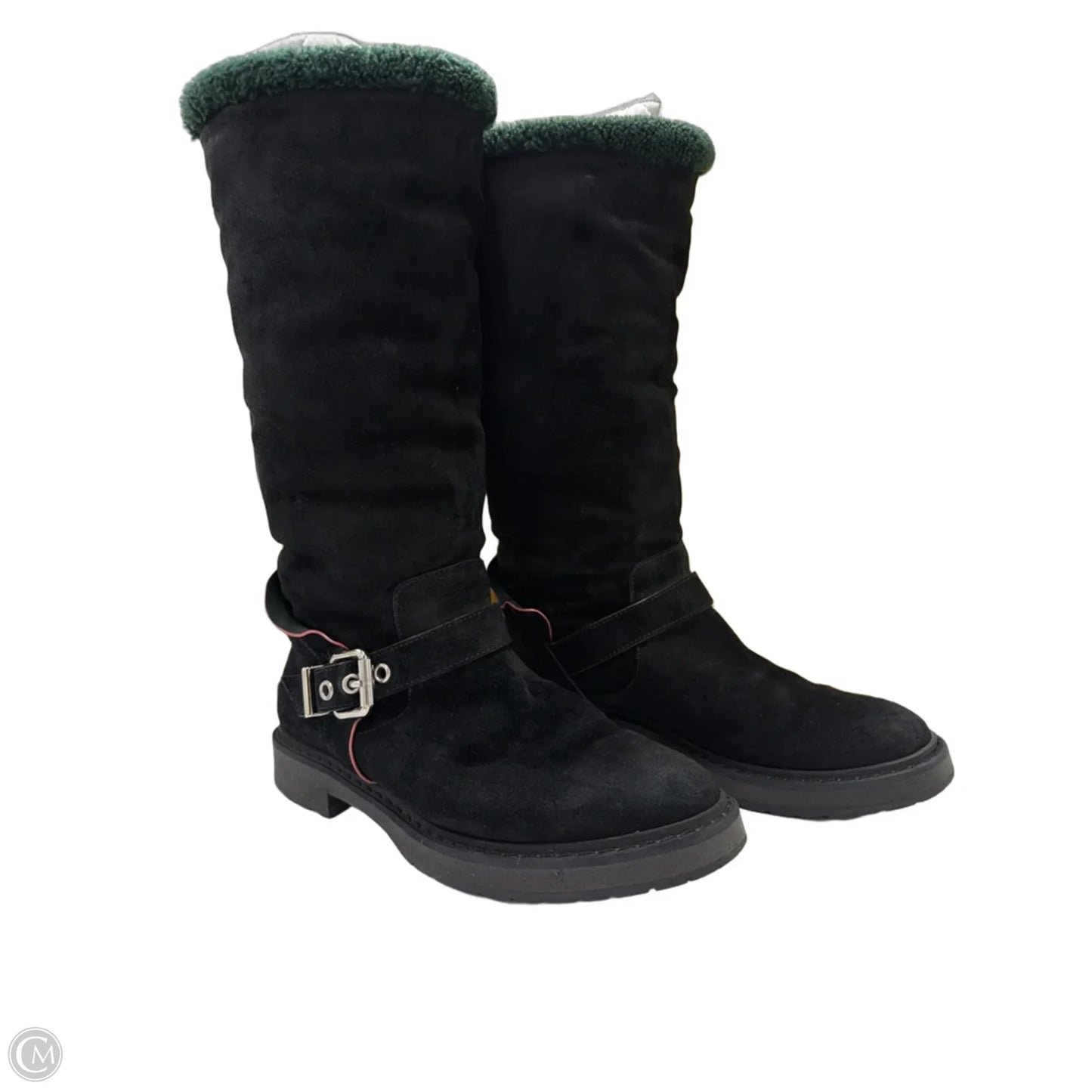 Fendi Fur Trimmed Moto Mid-Calf Luxury Boots In Black, Size: 7.5