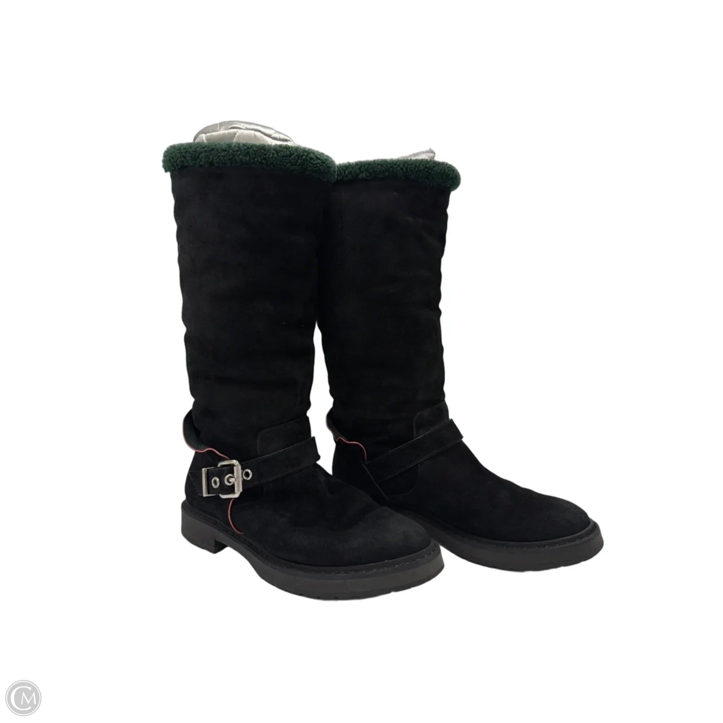 Fendi Fur Trimmed Moto Mid-Calf Luxury Boots In Black, Size: 7.5