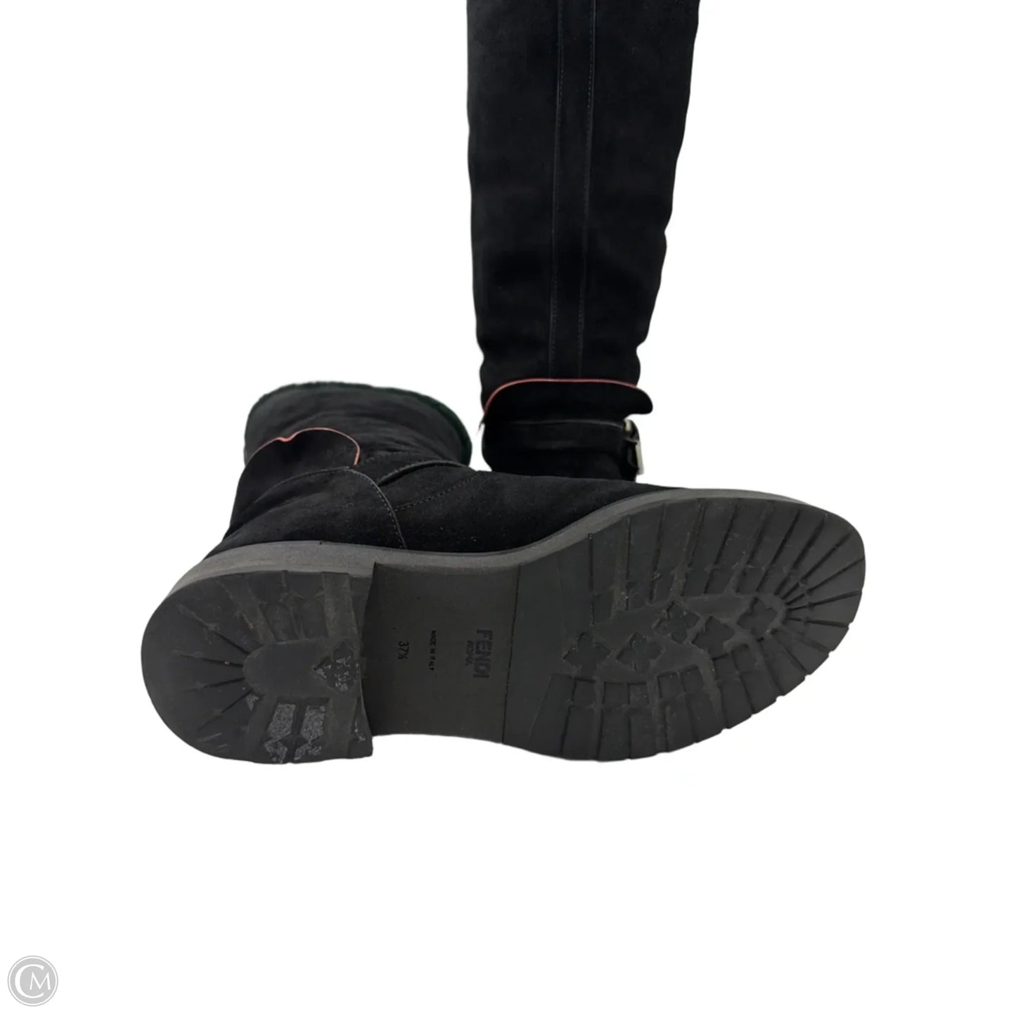 Fendi Fur Trimmed Moto Mid-Calf Luxury Boots In Black, Size: 7.5