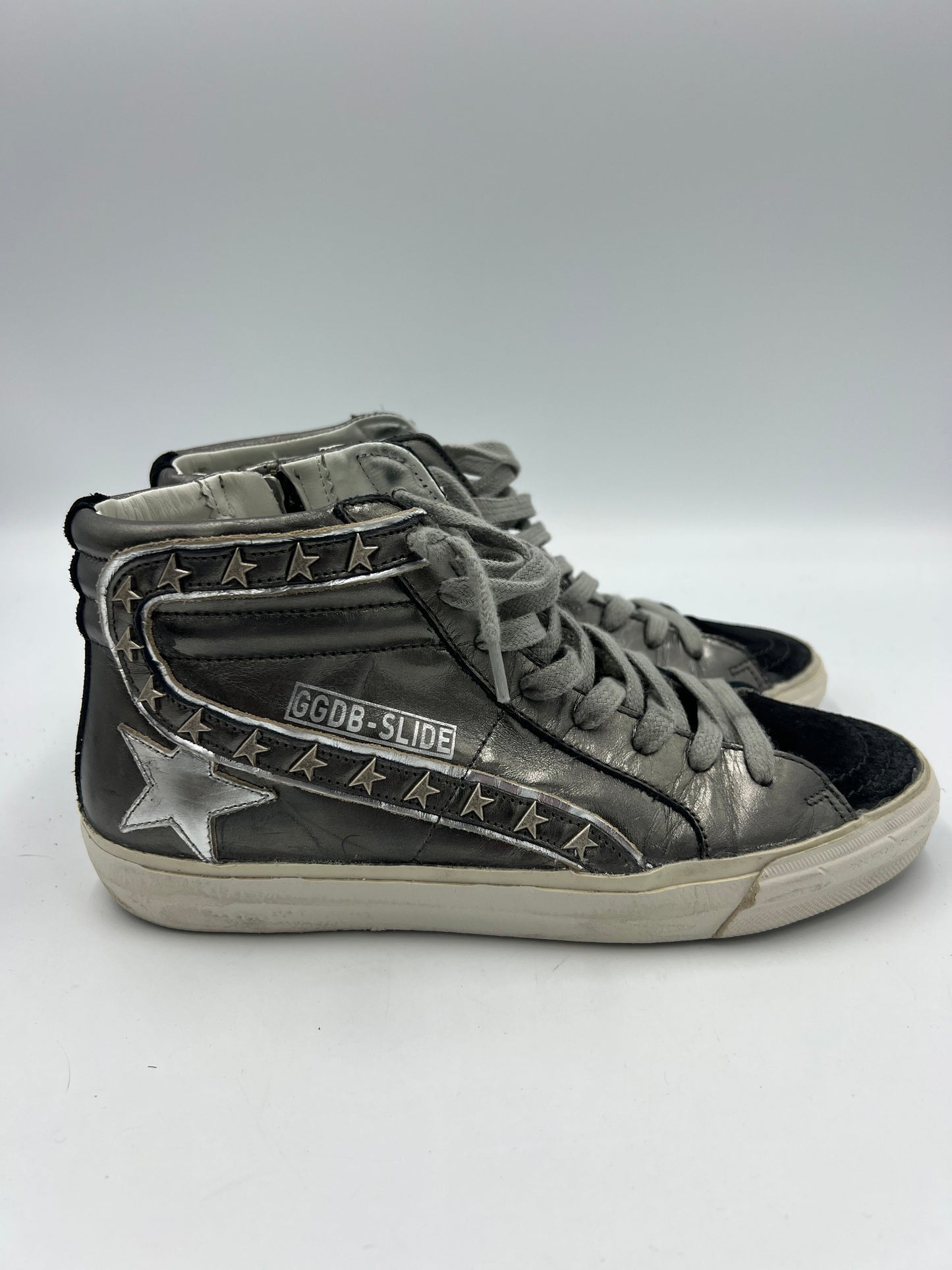 Golden Goose Slide Mid Top Stud Designer Sneakers In Grey, Size: 7.5 (38)