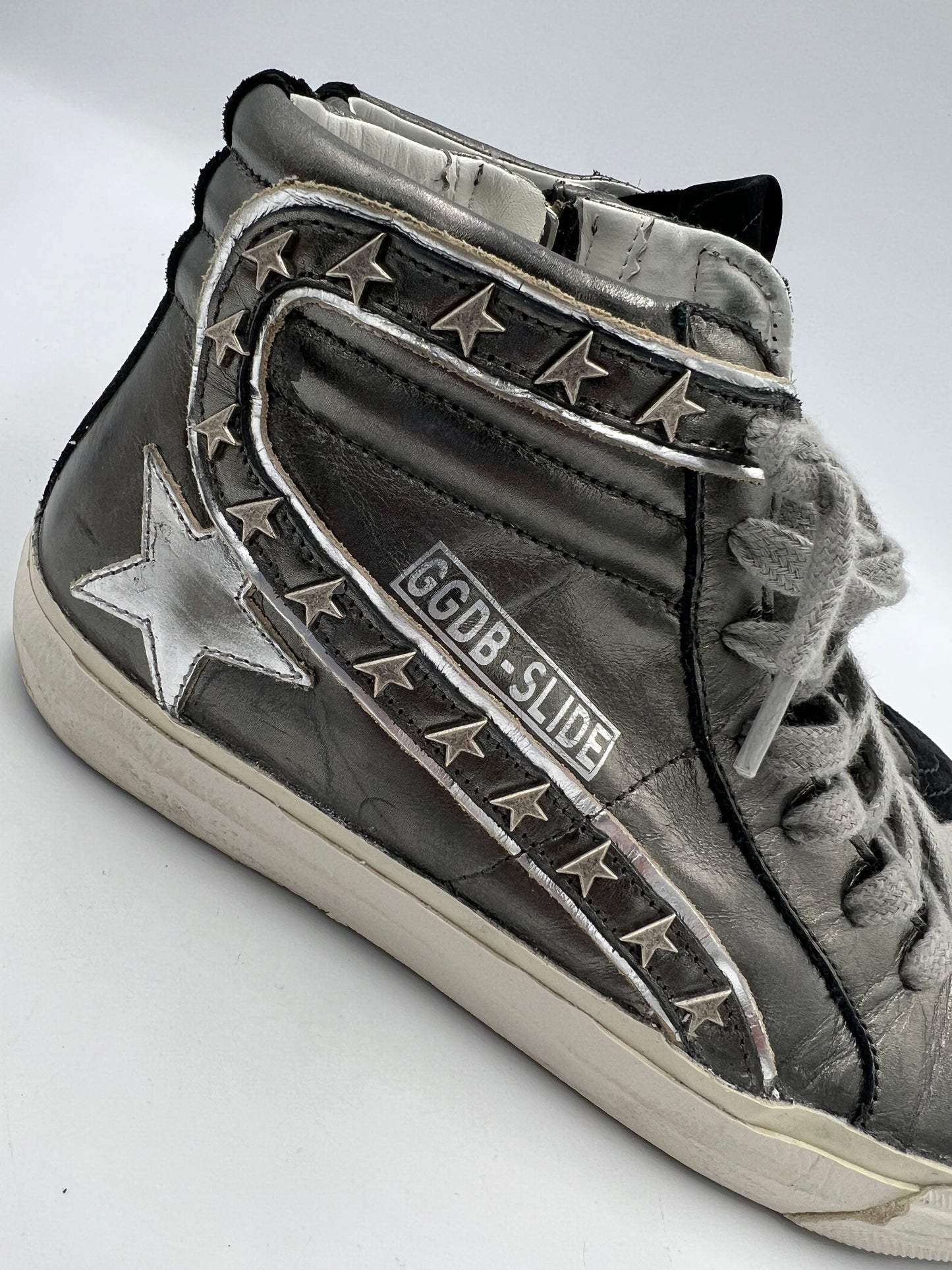 Golden Goose Slide Mid Top Stud Designer Sneakers In Grey, Size: 7.5 (38)