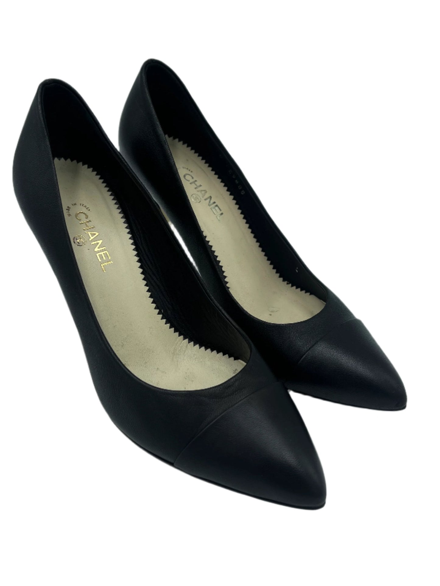 Chanel Pumps w/ Gold Heel CC Logo Tips In Black, Size: 7