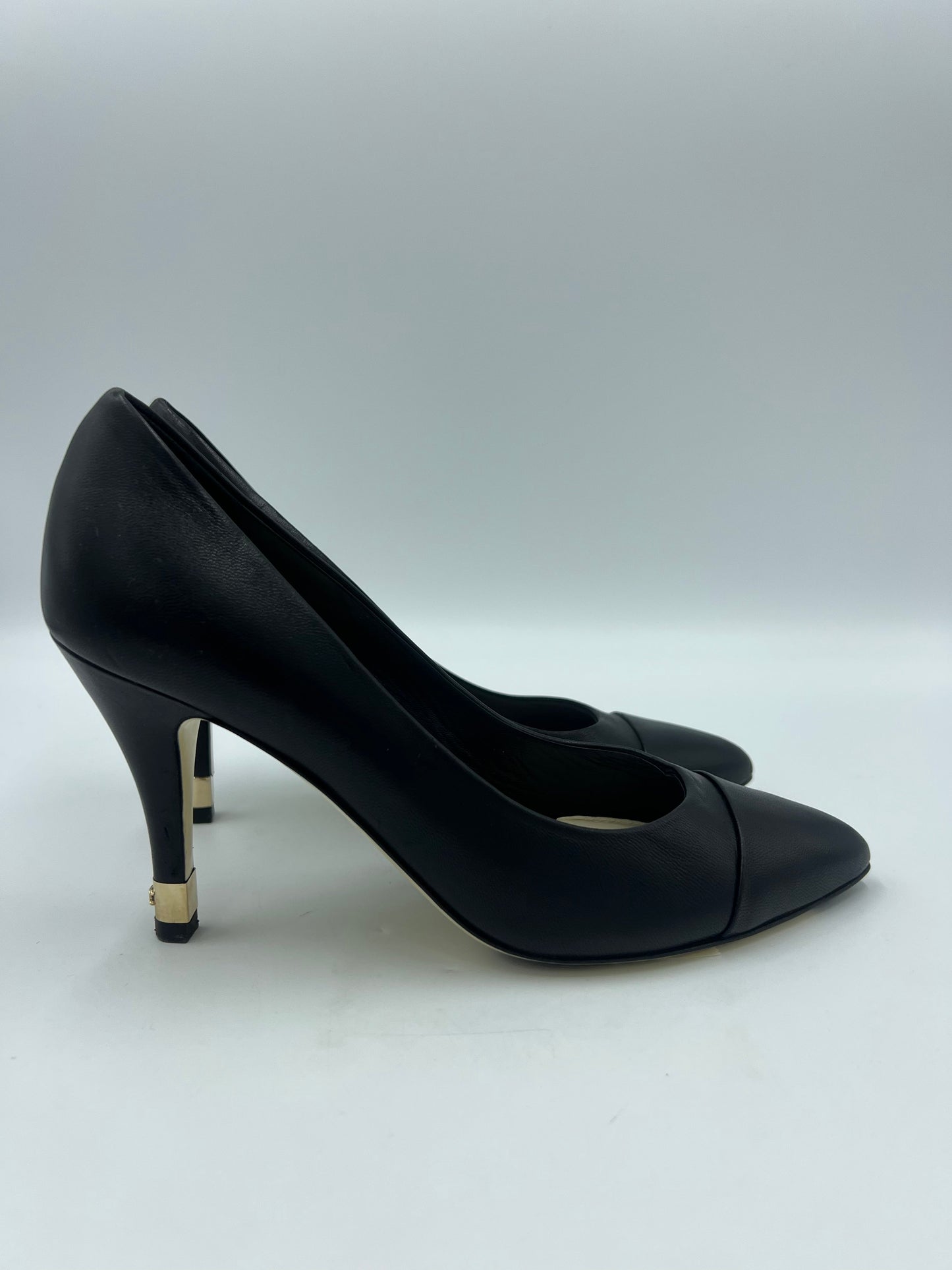 Chanel Pumps w/ Gold Heel CC Logo Tips In Black, Size: 7