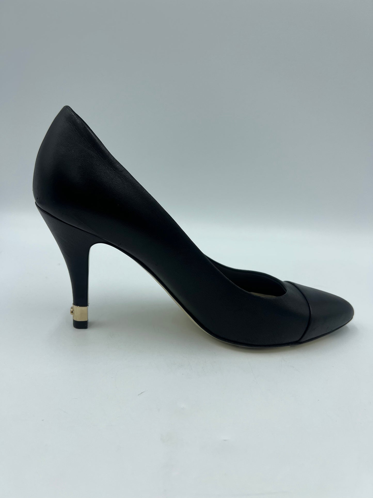 Chanel Pumps w/ Gold Heel CC Logo Tips In Black, Size: 7