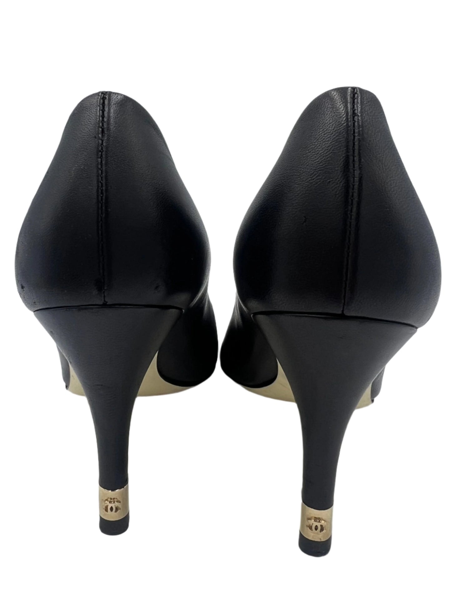 Chanel Pumps w/ Gold Heel CC Logo Tips In Black, Size: 7