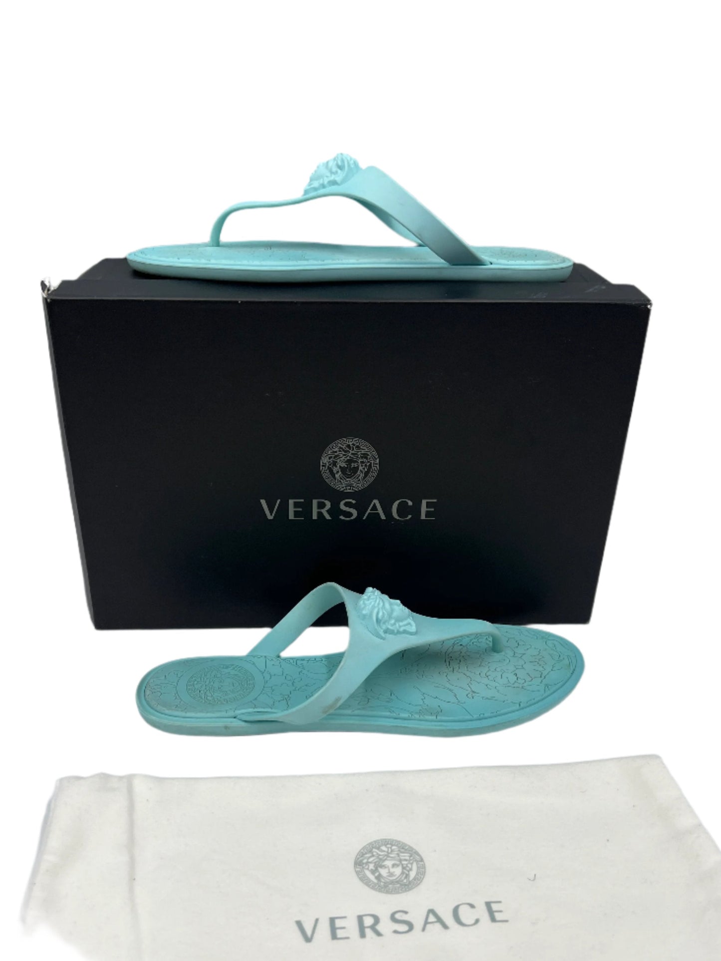 Versace Medusa Sandals In Blue, Size: 6