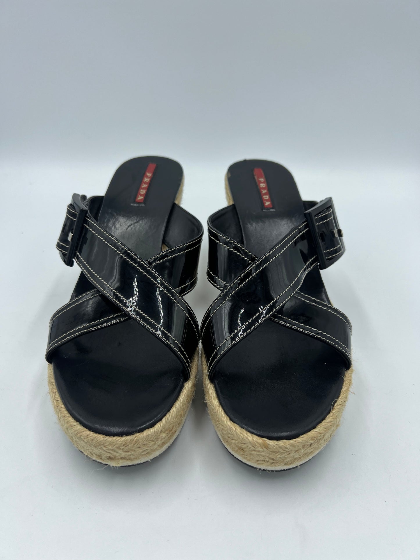 Prada Crossover Leather Wedge Sandals  Size: 8/38