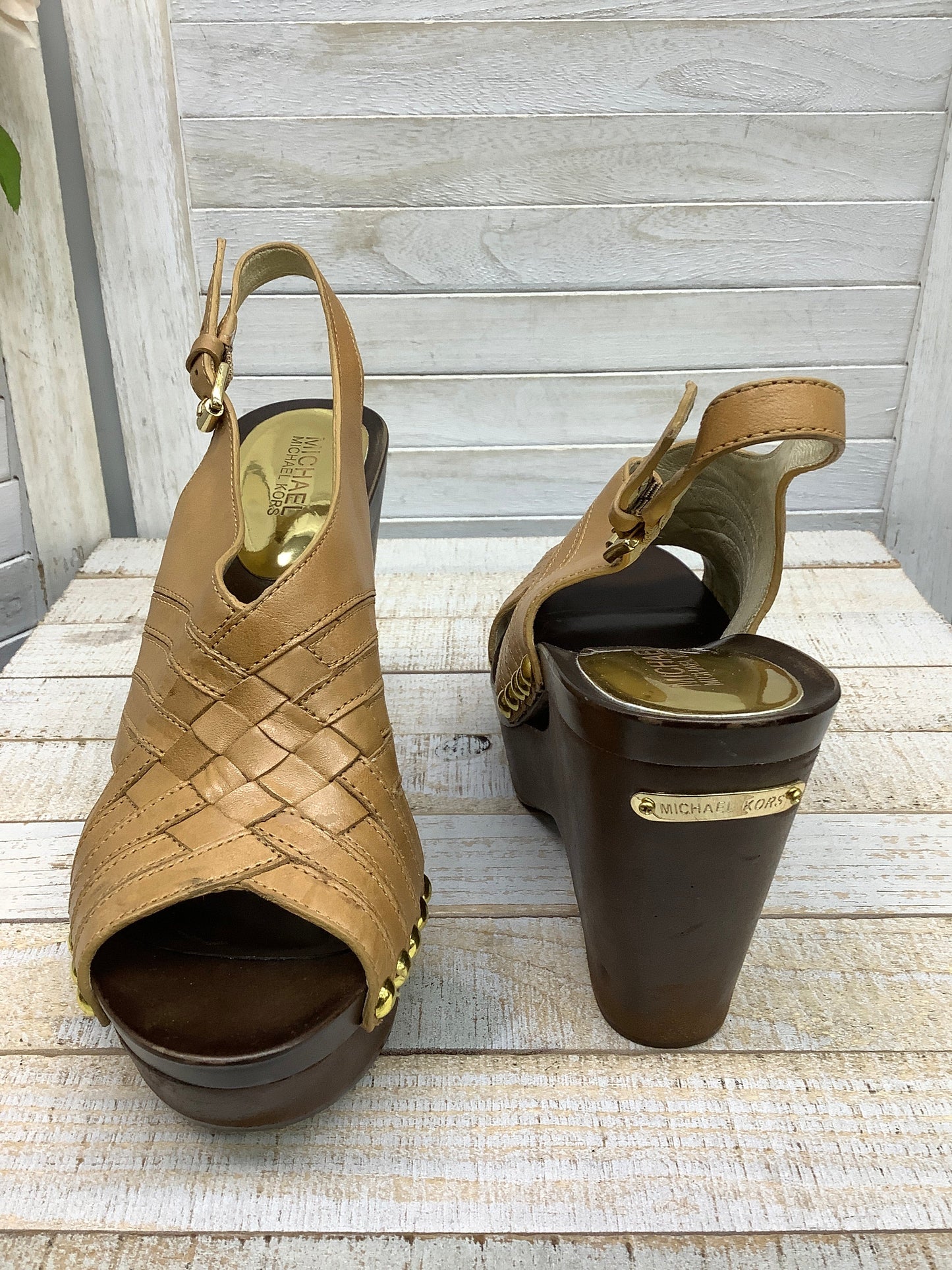 Brown Sandals Heels Block Michael By Michael Kors, Size 9.5