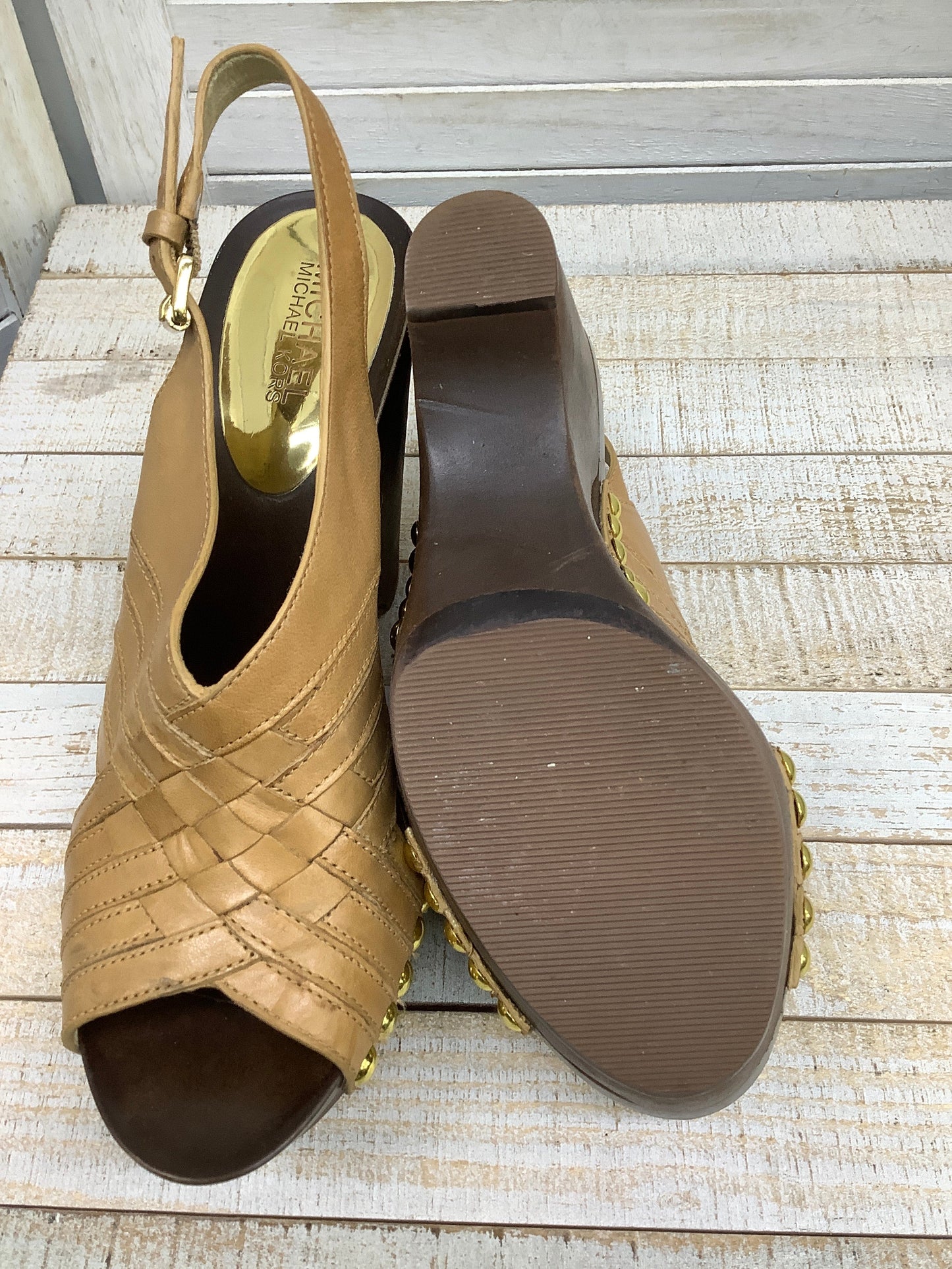 Brown Sandals Heels Block Michael By Michael Kors, Size 9.5