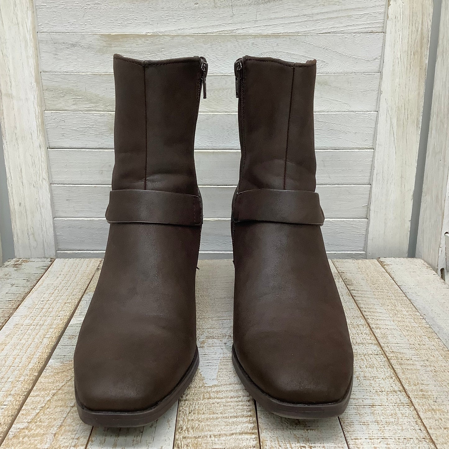 Brown Boots Ankle Heels Bare Traps, Size 8