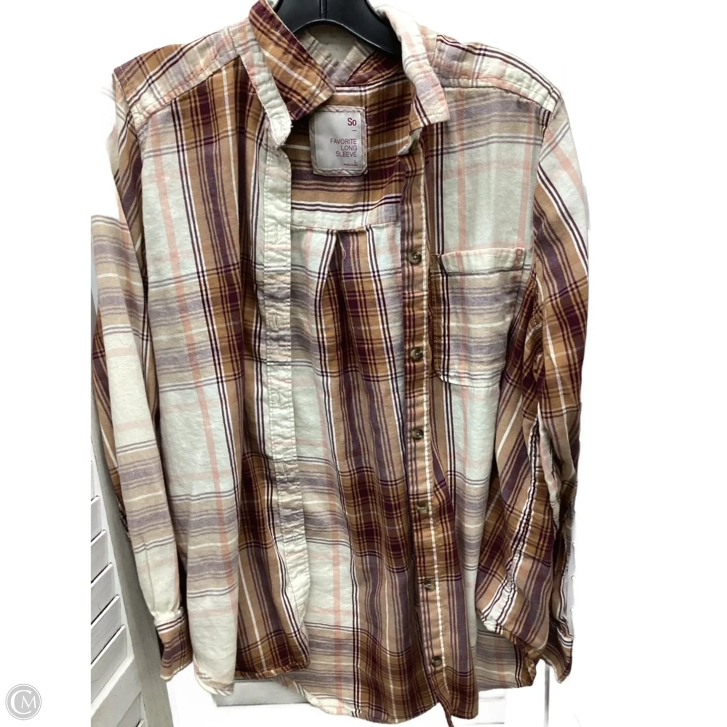 Top Long Sleeve By So In Plaid Pattern, Size: L