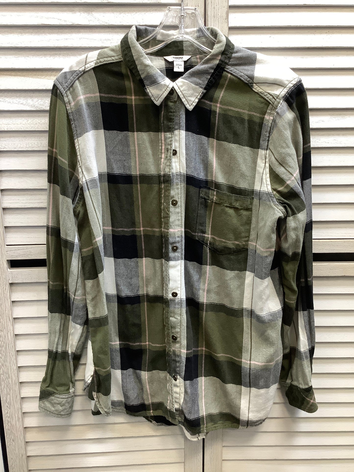 Blouse Long Sleeve By Sonoma In Plaid Pattern, Size: L