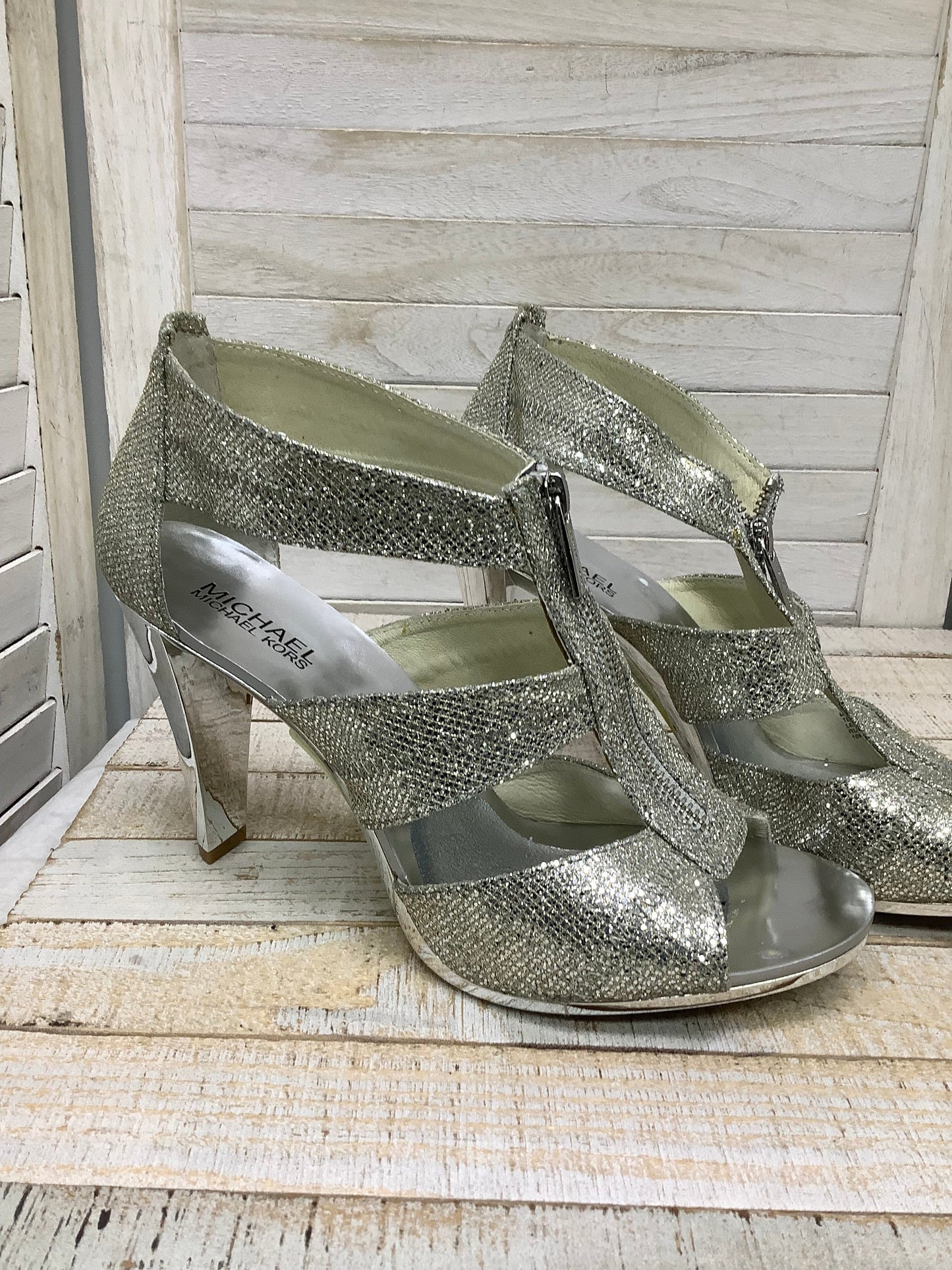 Shoes Heels Stiletto By Michael Kors In Silver, Size: 9.5