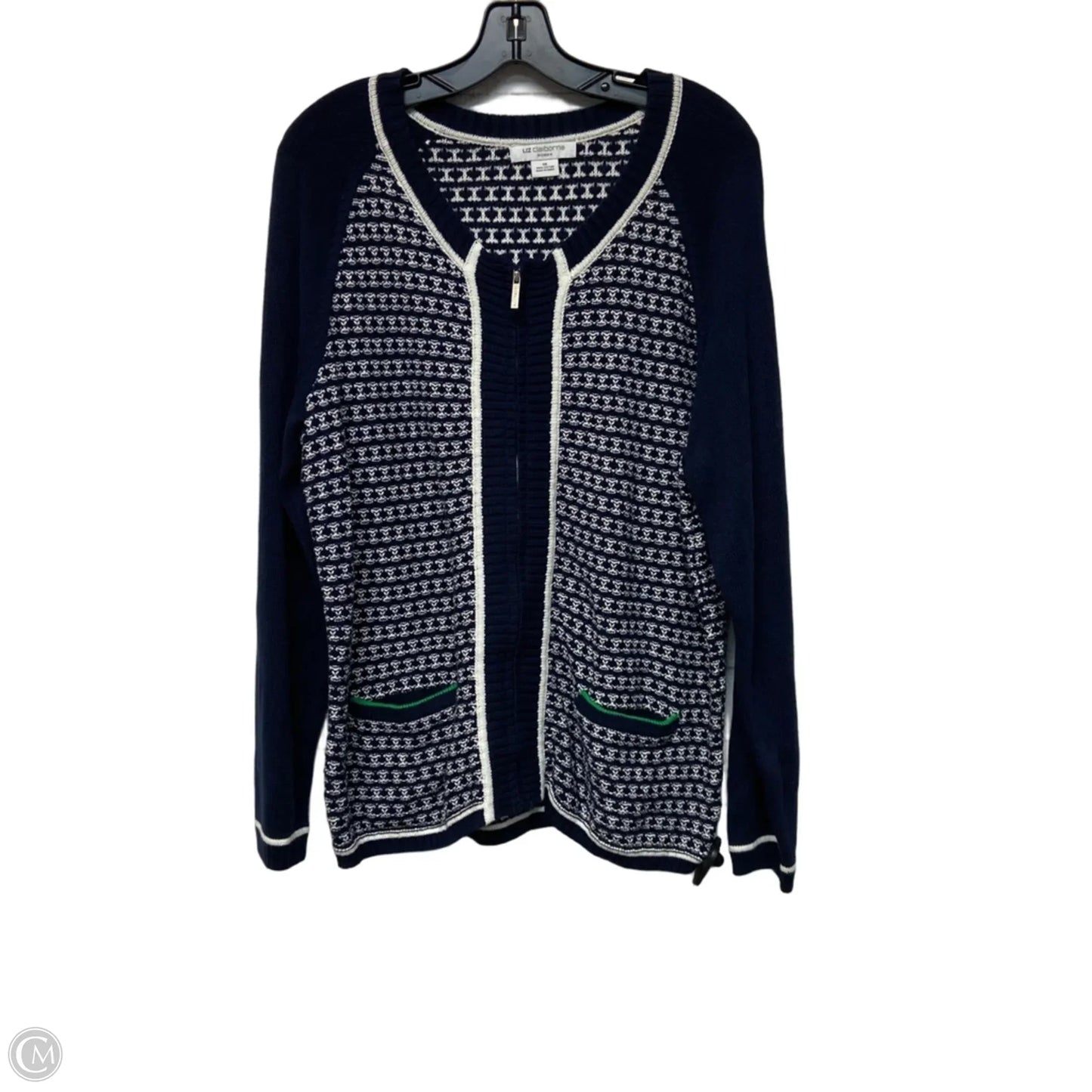 Sweater Cardigan By Liz Claiborne In Blue & White, Size: 1x