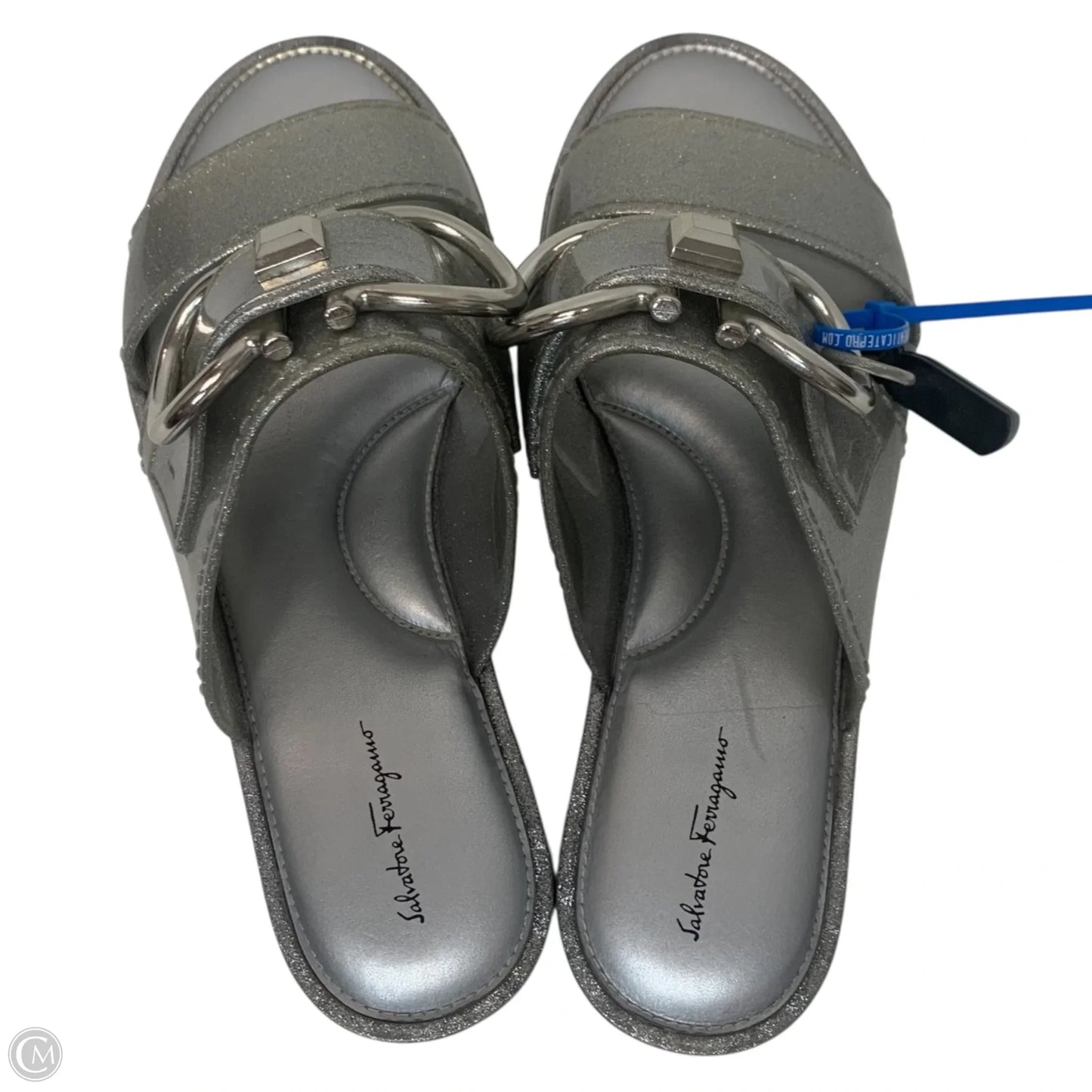 Sandals Luxury Designer By Ferragamo In Silver, Size: 11