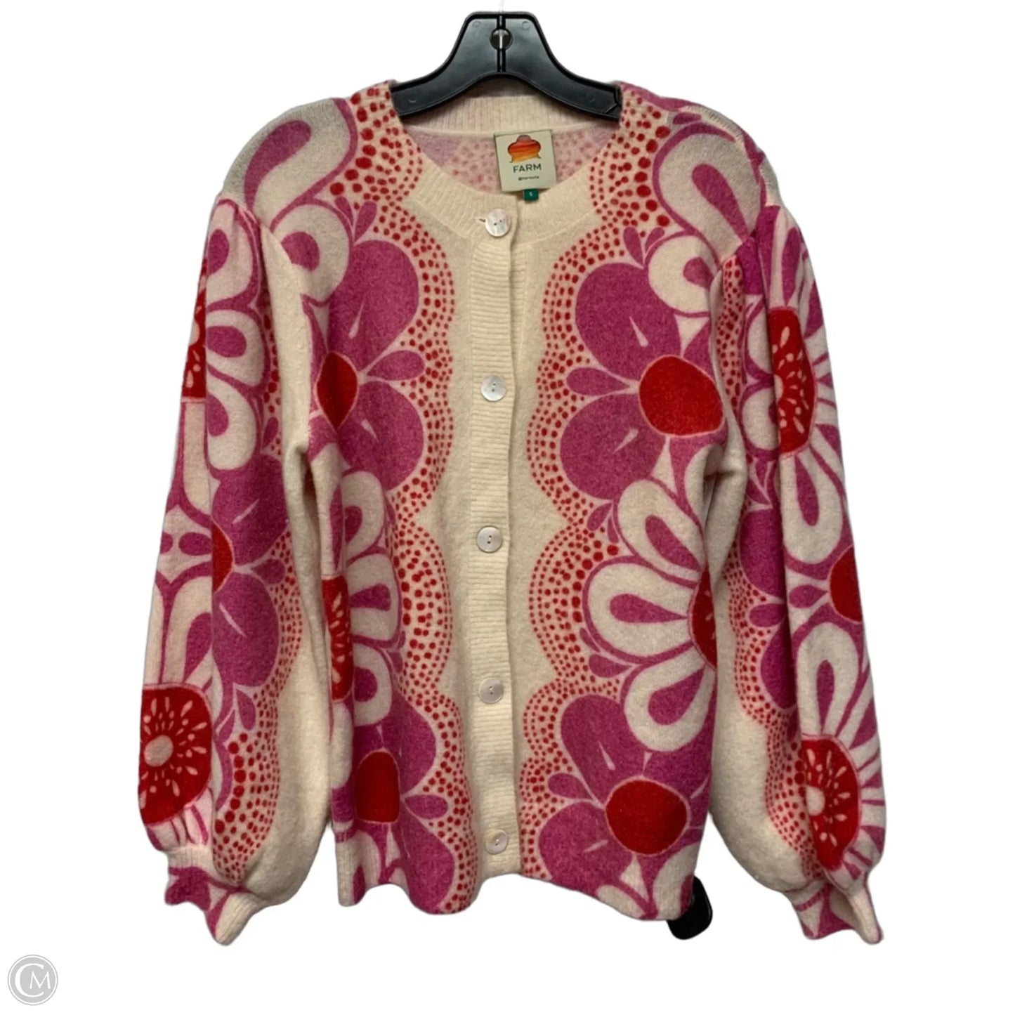 Sweater Cardigan Designer By Farm Rio In Cream & Pink, Size: S