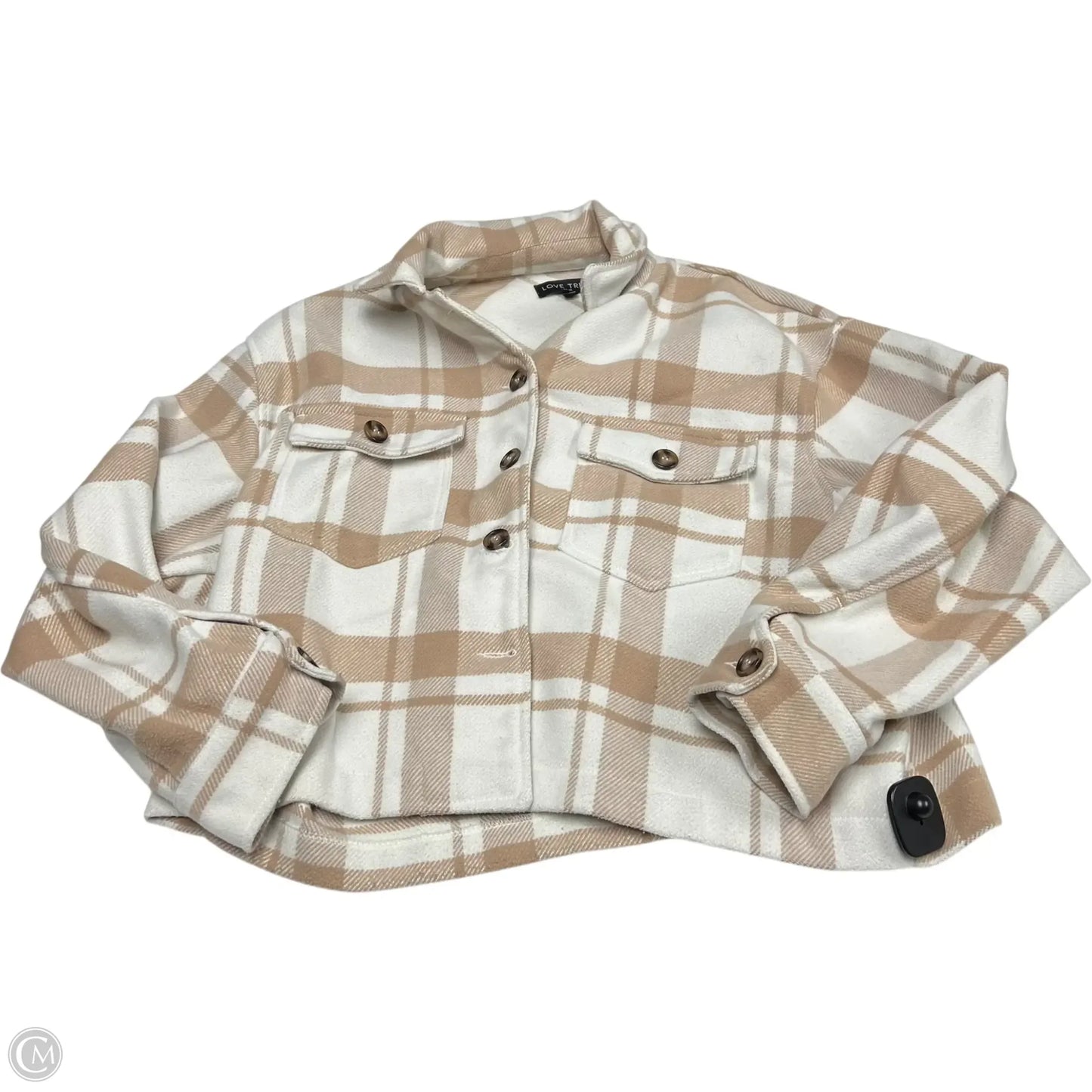 Jacket Shirt By Love Tree In Tan & White, Size: L