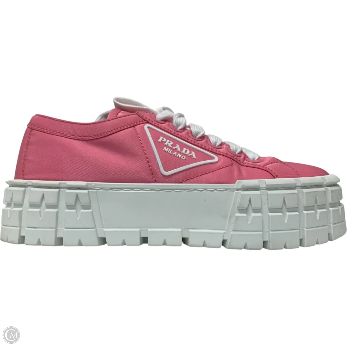 Shoes Luxury Designer By Prada In Pink & White, Size: 7