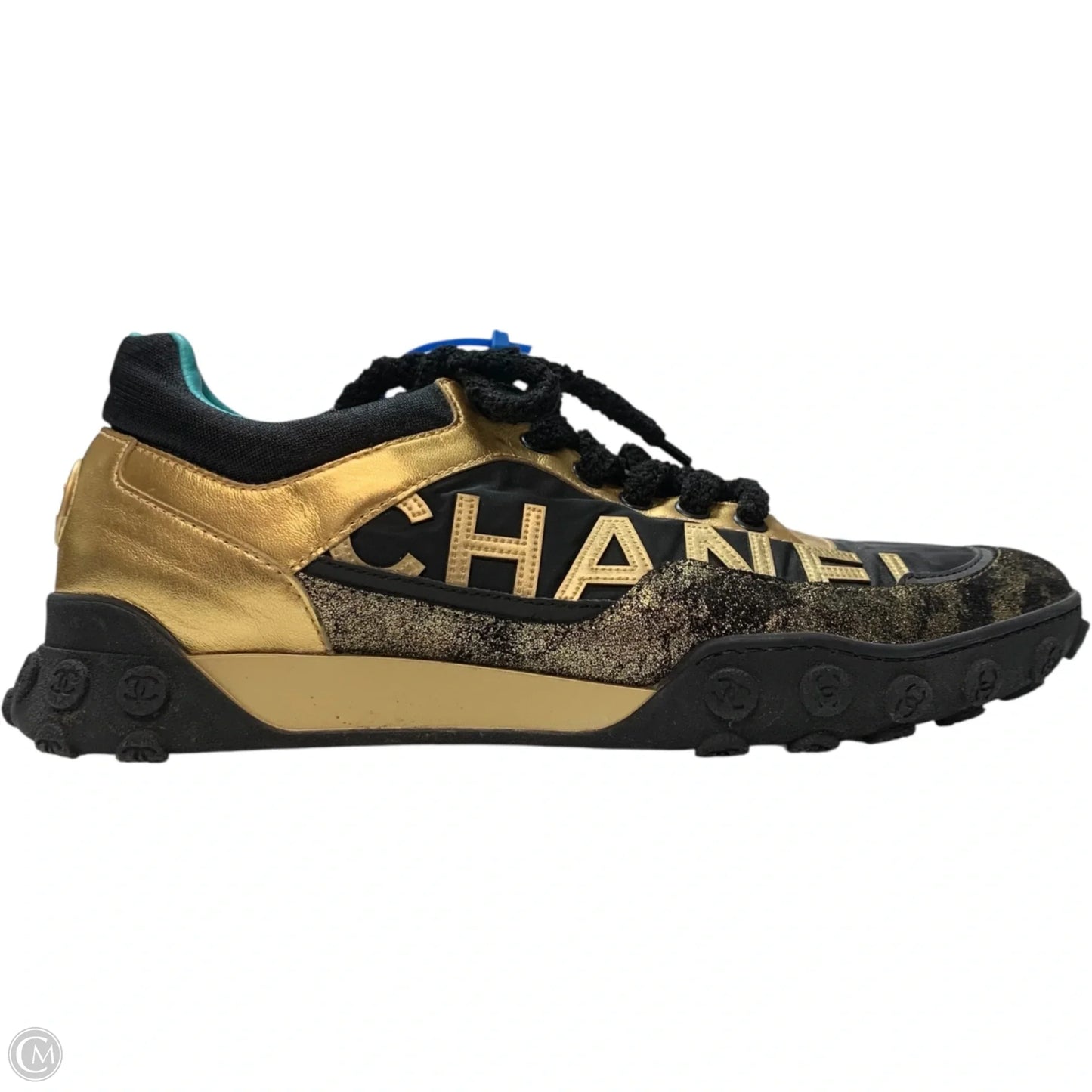 Shoes Luxury Designer By Chanel In Black & Gold, Size: 11