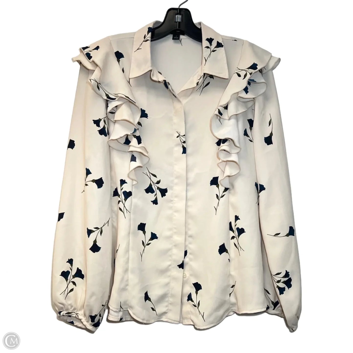 Blouse Long Sleeve By Ann Taylor In Blue & Cream, Size: S