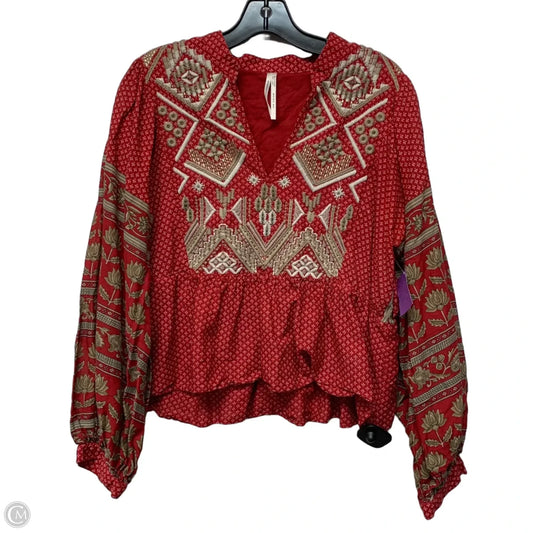 Top Long Sleeve By Anthropologie In Red & Tan, Size: L
