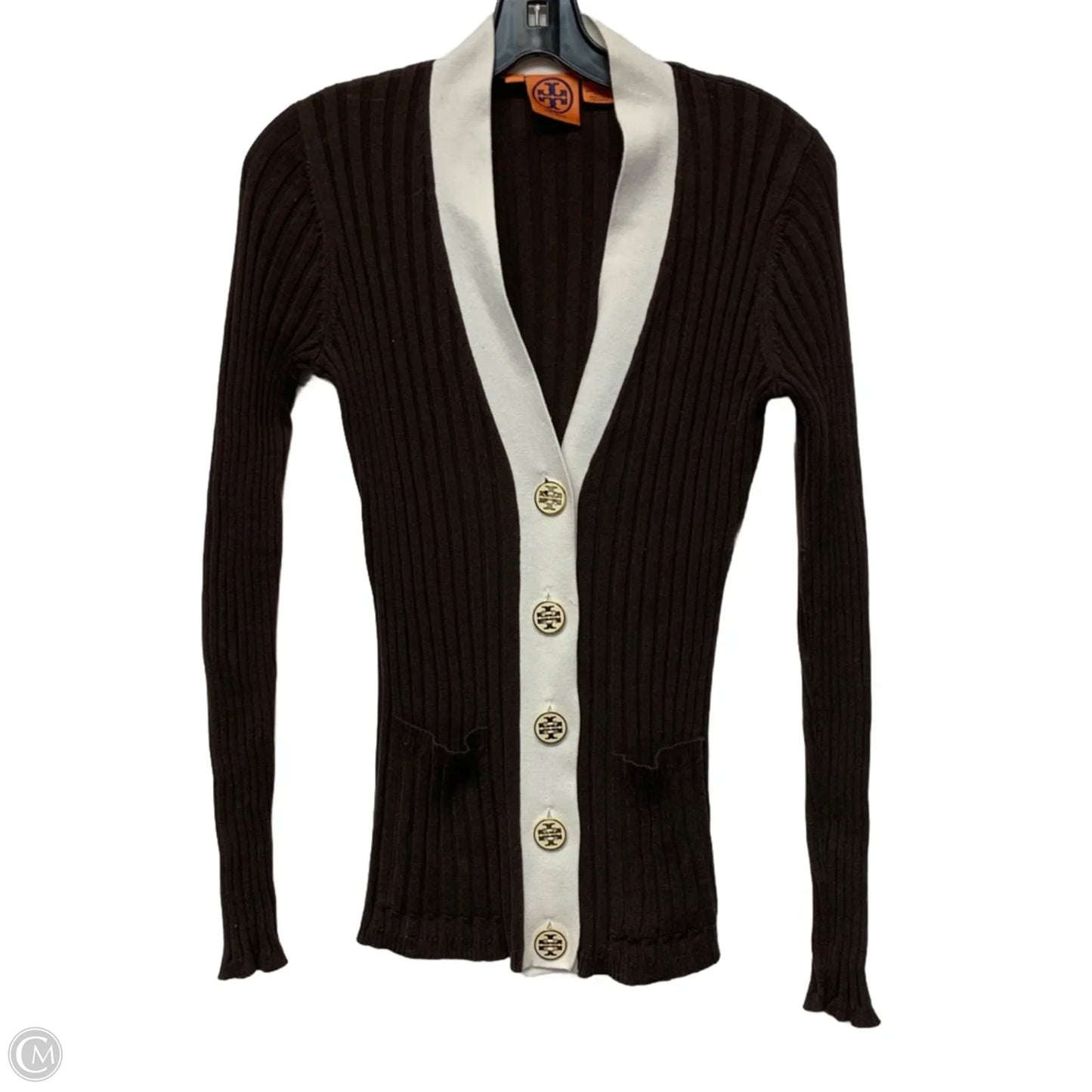 Sweater Cardigan Designer By Tory Burch In Brown & White, Size: S