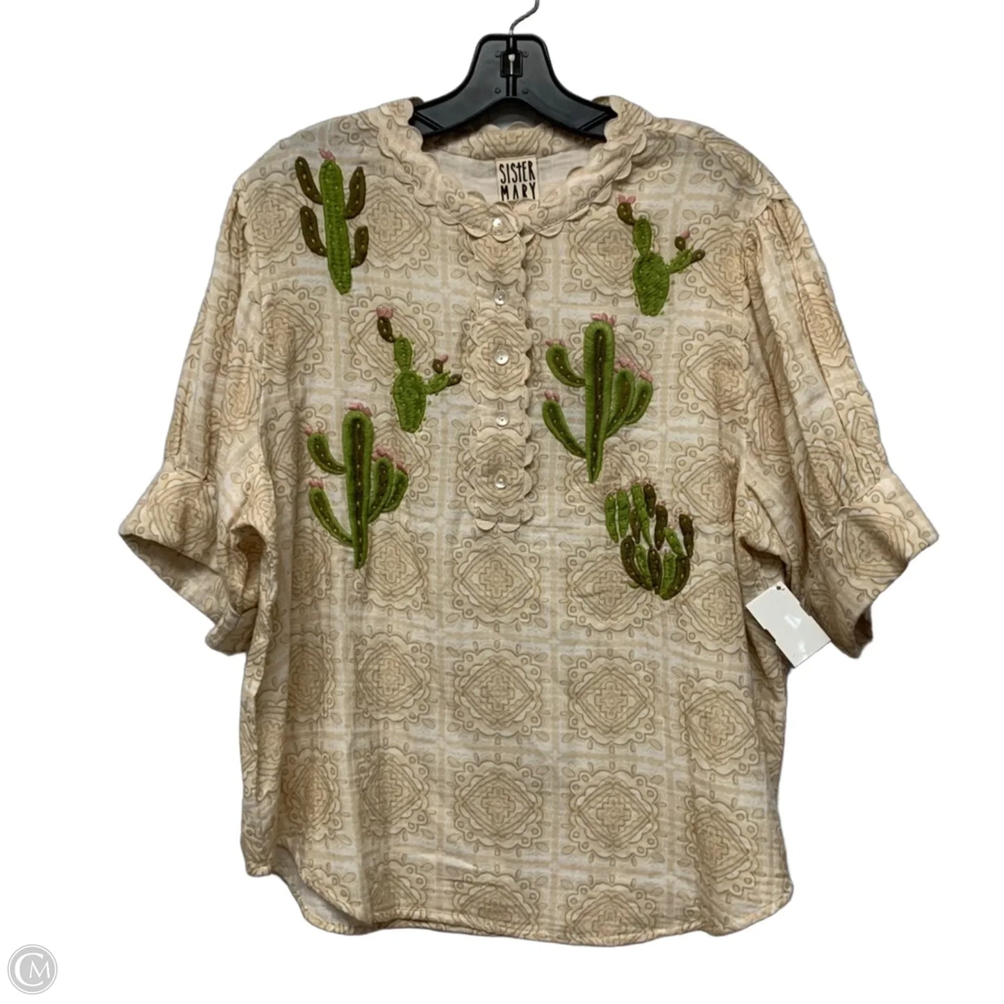 Top Short Sleeve By Sister Mary In Cream & Green, Size: L