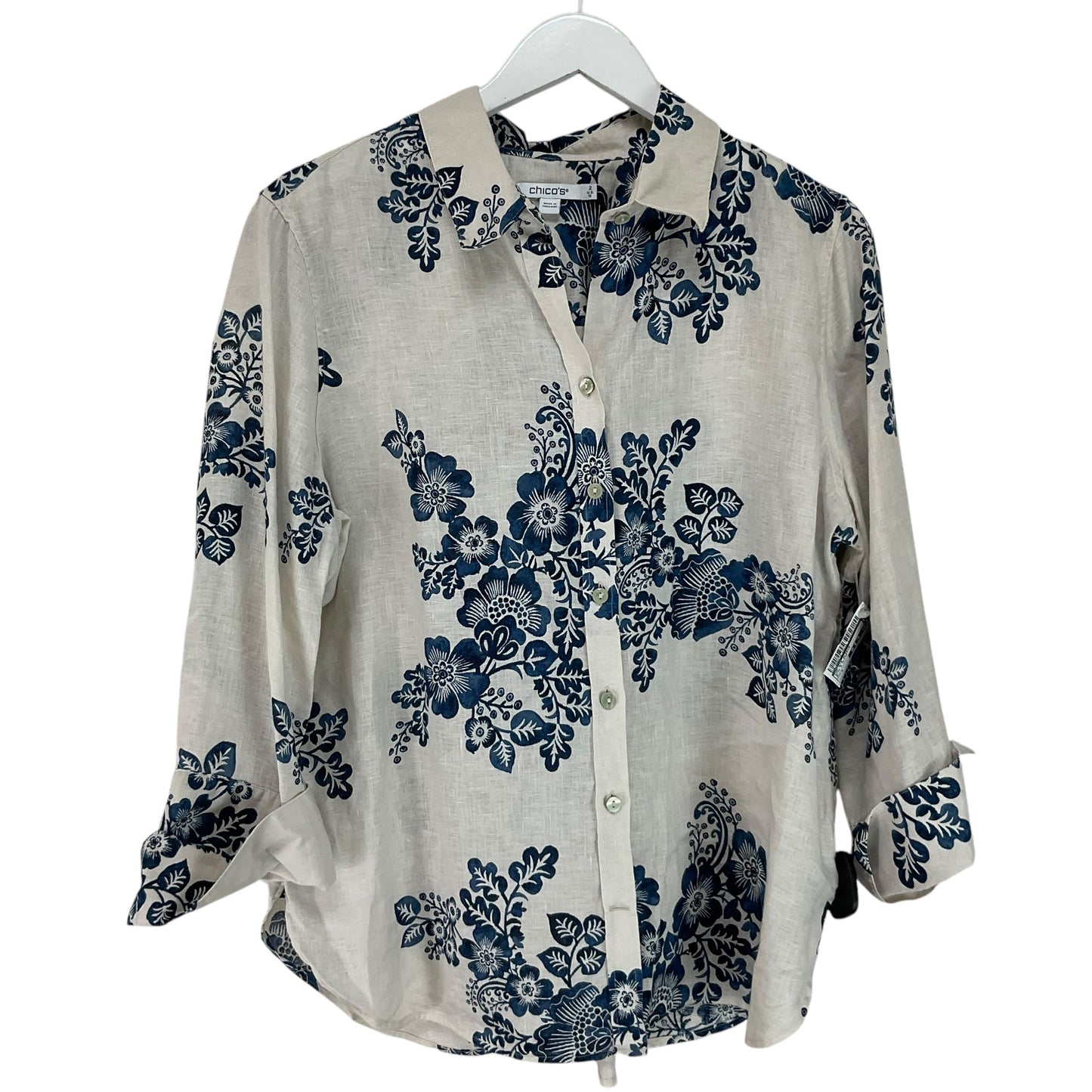 Top 3/4 Sleeve By Chicos In Blue & White, Size: 2