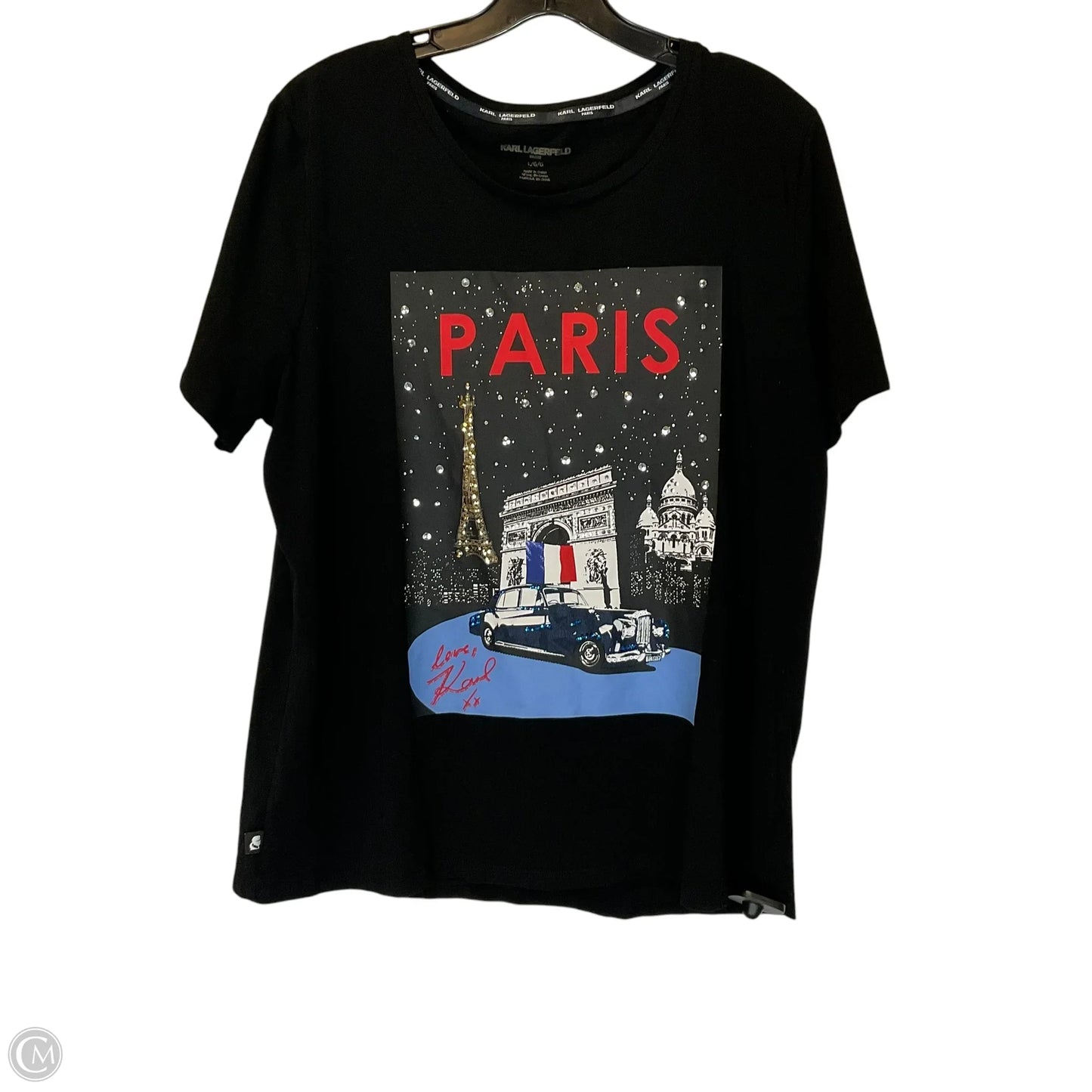 Top Short Sleeve Designer By Karl Lagerfeld In Black, Size: L