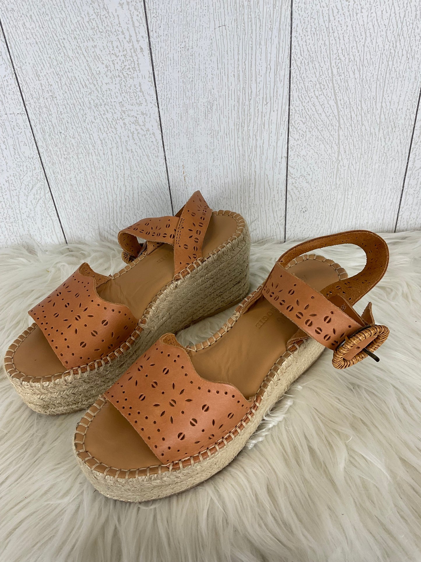 Sandals Heels Platform By Anthropologie In Tan, Size: 6.5