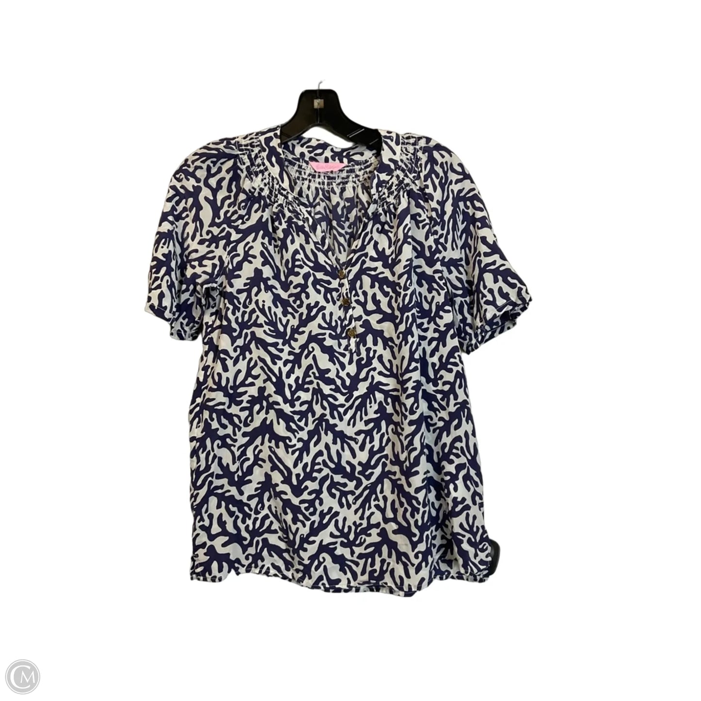 Top Short Sleeve Designer By Lilly Pulitzer In Blue & White, Size: S