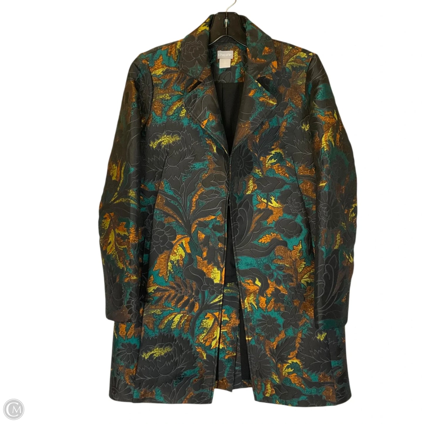 Coat Trench Coat By Chicos In Green & Orange, Size: S