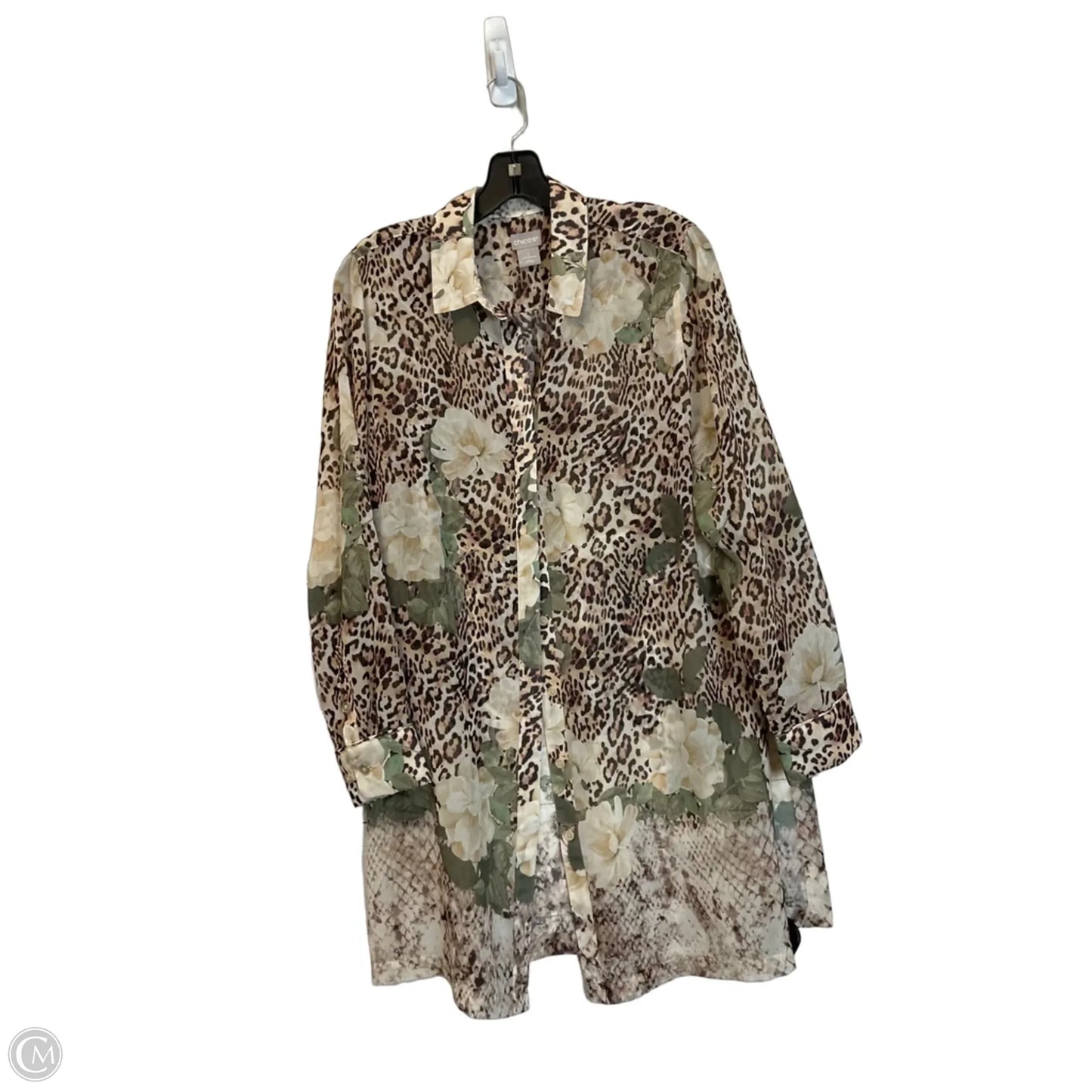 Top Long Sleeve By Chicos In Cream & Green, Size: M