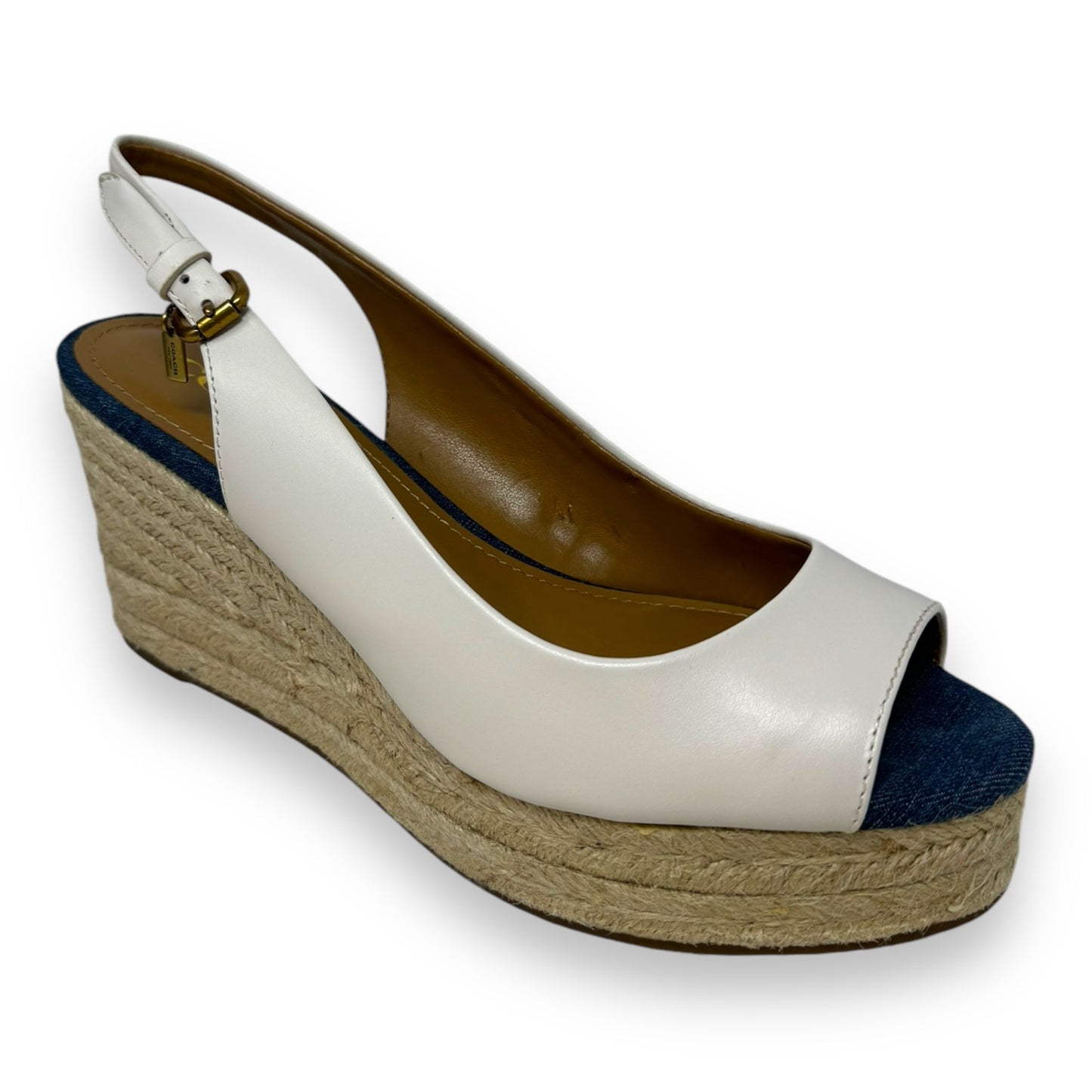 Hadley Espadrille Wedge Sandals Designer By Coach In Semi Mat Calf/Chalk Med Wash Denim, Size: 8