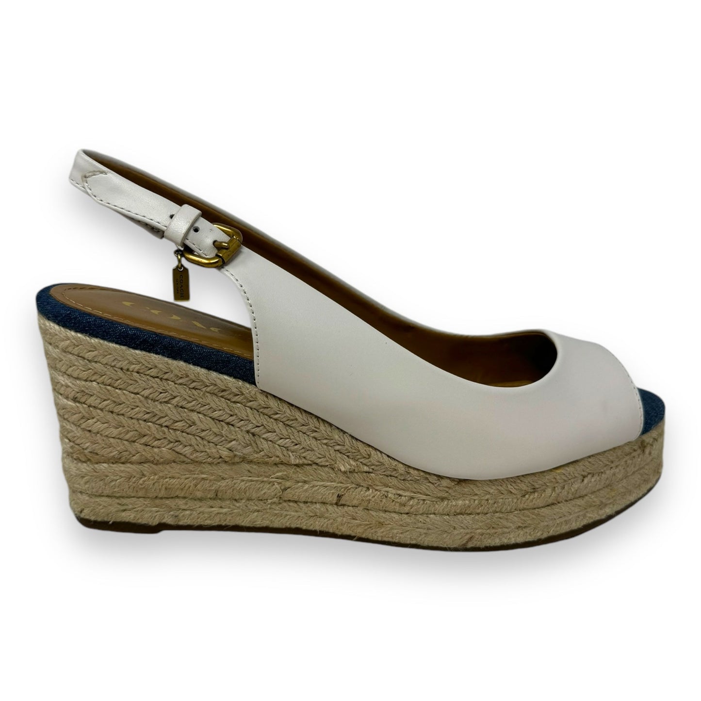 Hadley Espadrille Wedge Sandals Designer By Coach In Semi Mat Calf/Chalk Med Wash Denim, Size: 8