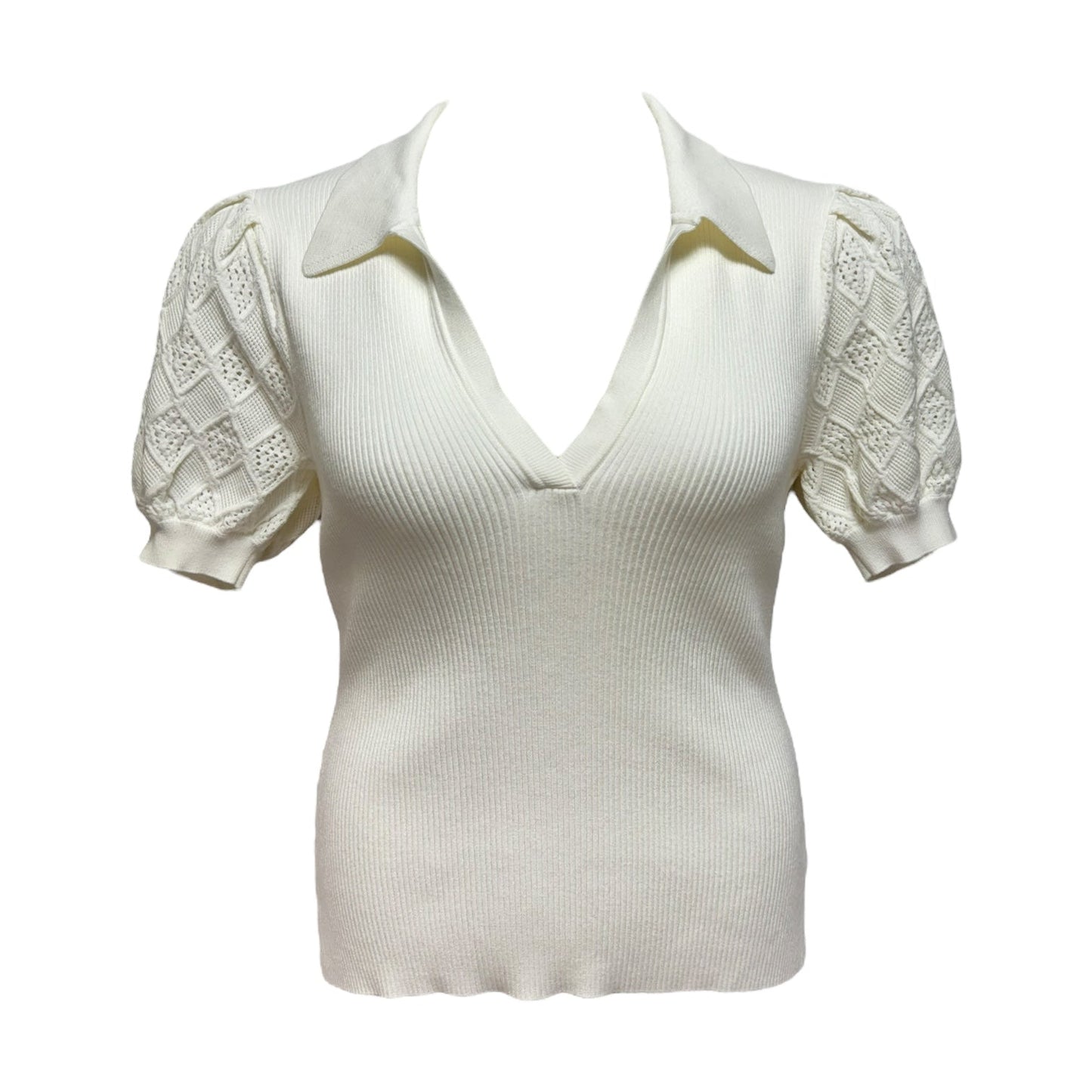 Pointelle Puff Sleeve Polo Top Designer By Milly In White, Size: L