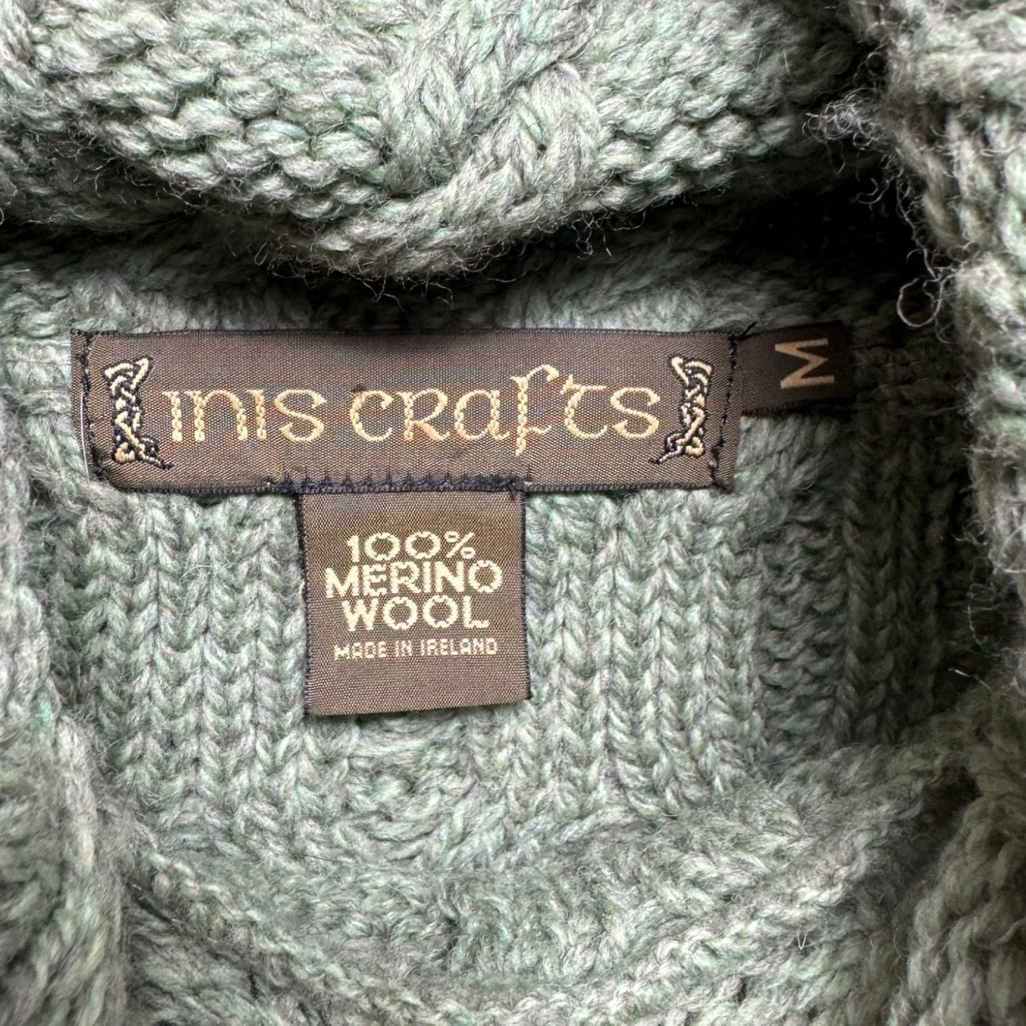 Irish Cable Knit Merino Wool Turtleneck Sweater By Inis Crafts In Green, Size: M