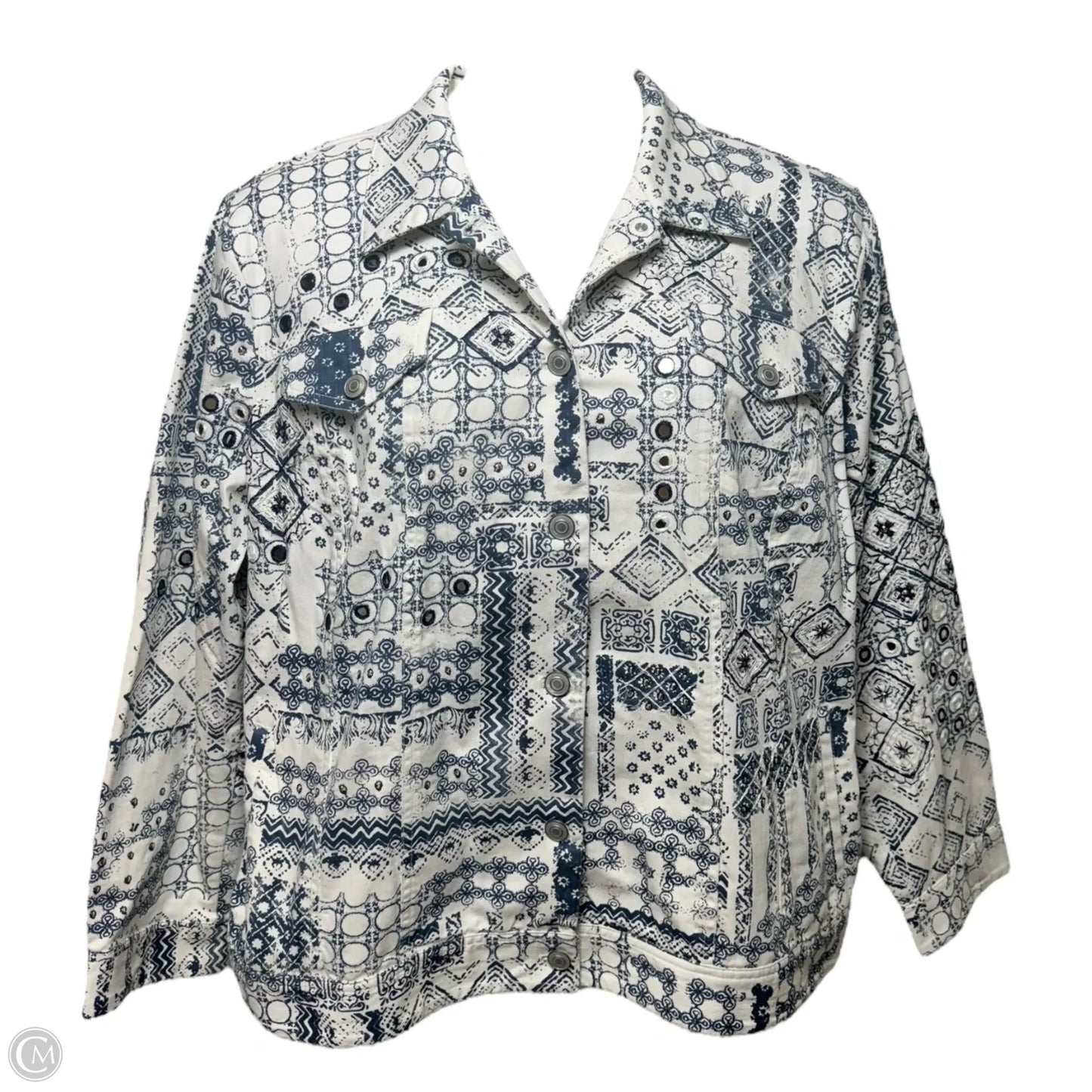 Embellished Jacket Denim By Chicos In Blue & White, Size: Xxl