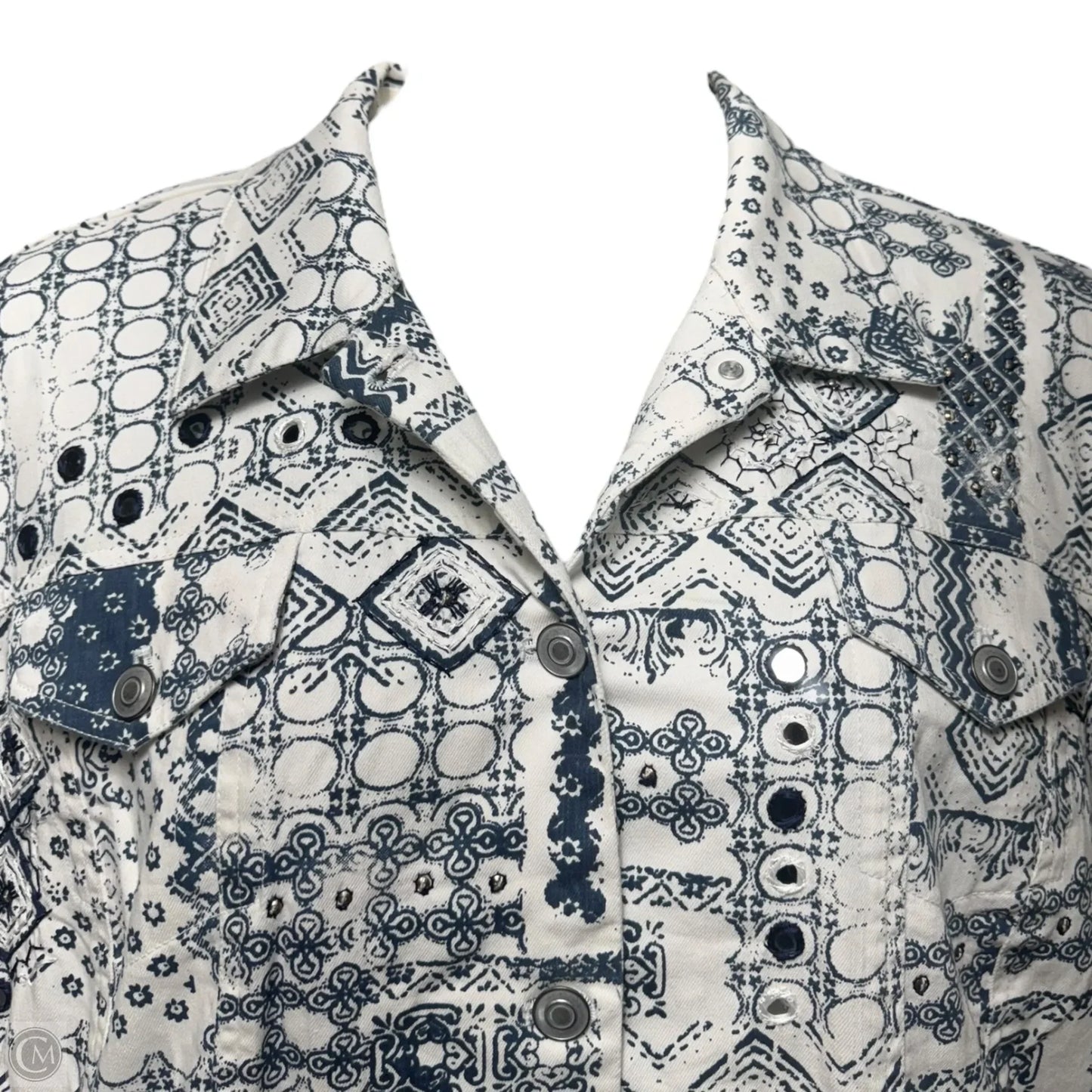 Embellished Jacket Denim By Chicos In Blue & White, Size: Xxl