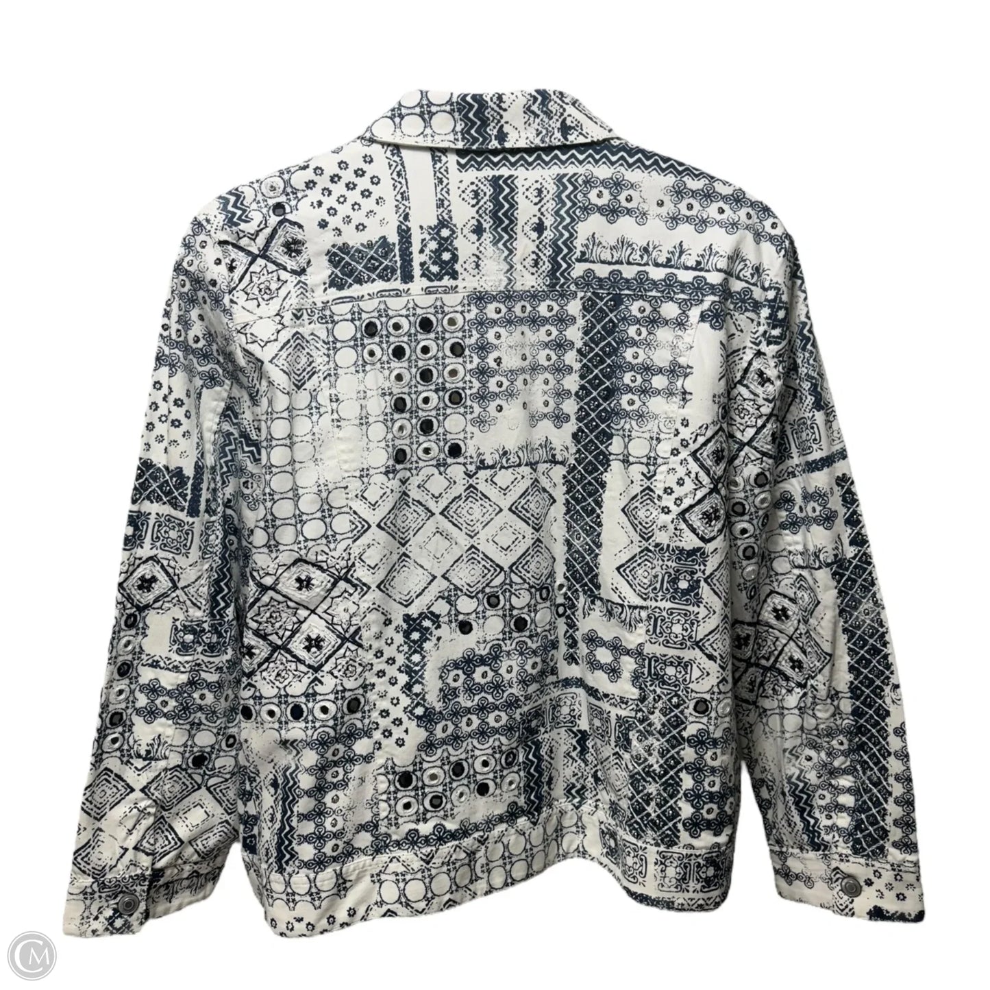 Embellished Jacket Denim By Chicos In Blue & White, Size: Xxl