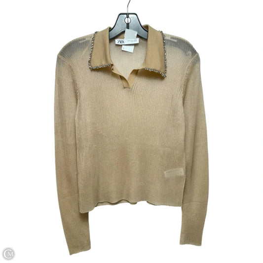 Sheer Embellished Collar Top Long Sleeve By Zara In Tan, Size: M